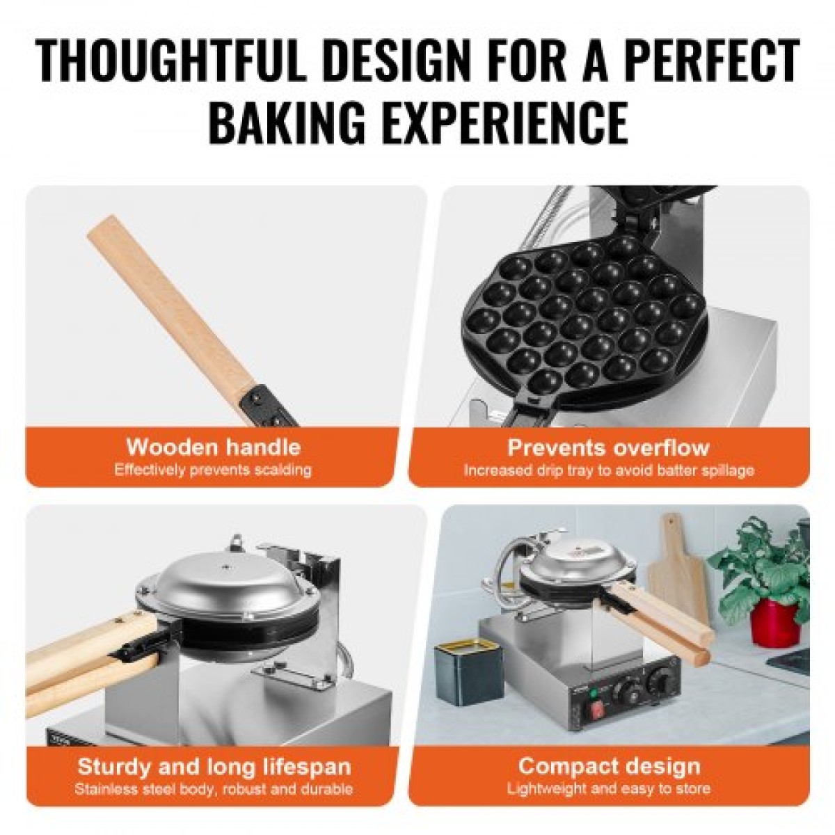 VEVOR Commercial Bubble Waffle Maker, Μηχάνημα αρτοποιίας για τηγανίτες αυγών 1400W, Αντικολλητικό ανοξείδωτο ατσάλι Egg Bubble Puff, Περιστρεφόμενο 180°, Έλεγχος θερμοκρασίας και χρόνου, Ξύλινη λαβή, για σνακ μπαρ αρτοποιίας εστιατορίου