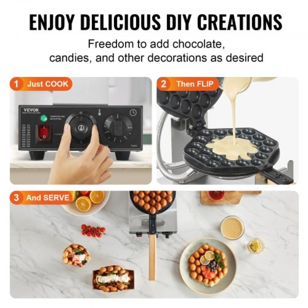 VEVOR Commercial Bubble Waffle Maker, Μηχάνημα αρτοποιίας για τηγανίτες αυγών 1400W, Αντικολλητικό ανοξείδωτο ατσάλι Egg Bubble Puff, Περιστρεφόμενο 180°, Έλεγχος θερμοκρασίας και χρόνου, Ξύλινη λαβή, για σνακ μπαρ αρτοποιίας εστιατορίου