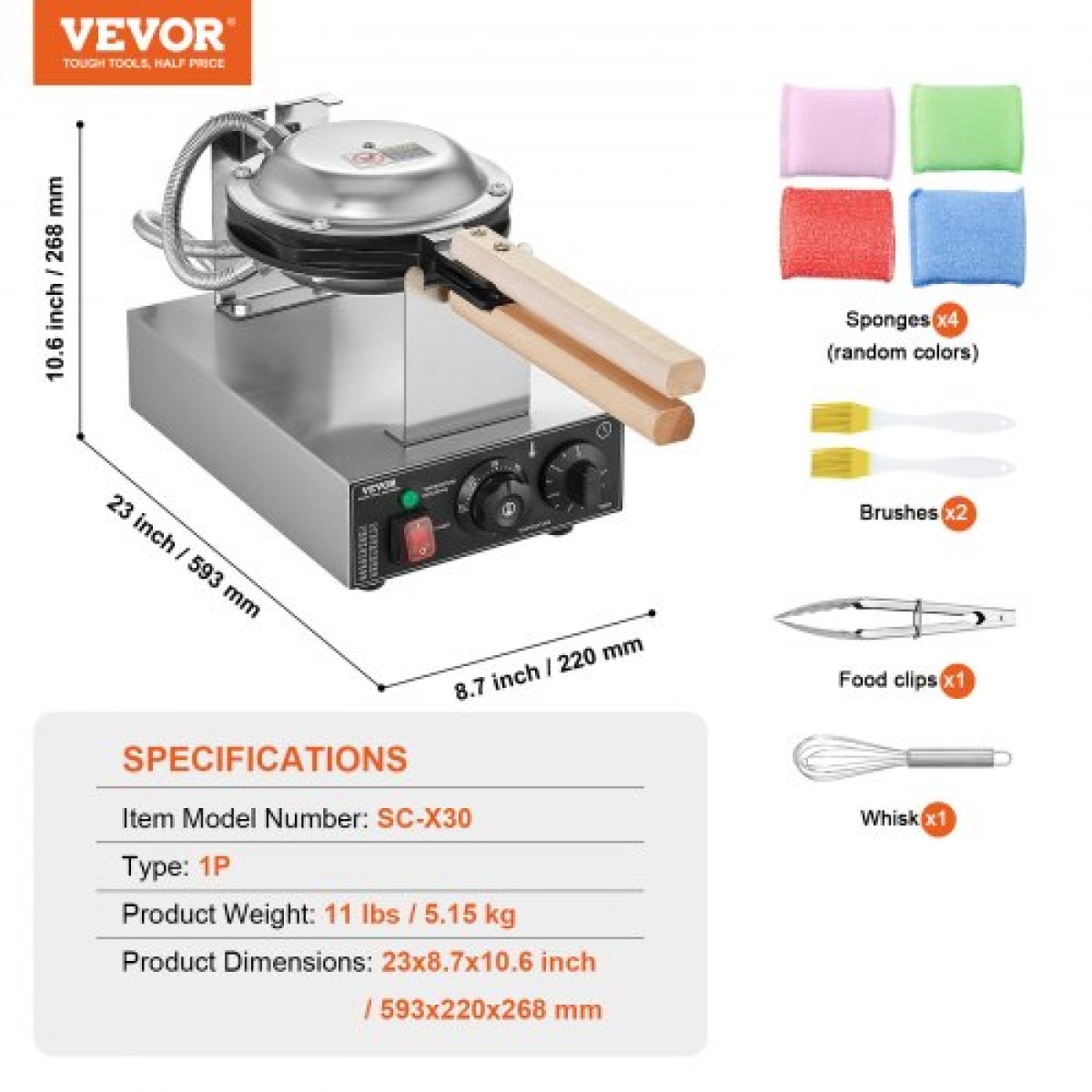 VEVOR Commercial Bubble Waffle Maker, Μηχάνημα αρτοποιίας για τηγανίτες αυγών 1400W, Αντικολλητικό ανοξείδωτο ατσάλι Egg Bubble Puff, Περιστρεφόμενο 180°, Έλεγχος θερμοκρασίας και χρόνου, Ξύλινη λαβή, για σνακ μπαρ αρτοποιίας εστιατορίου