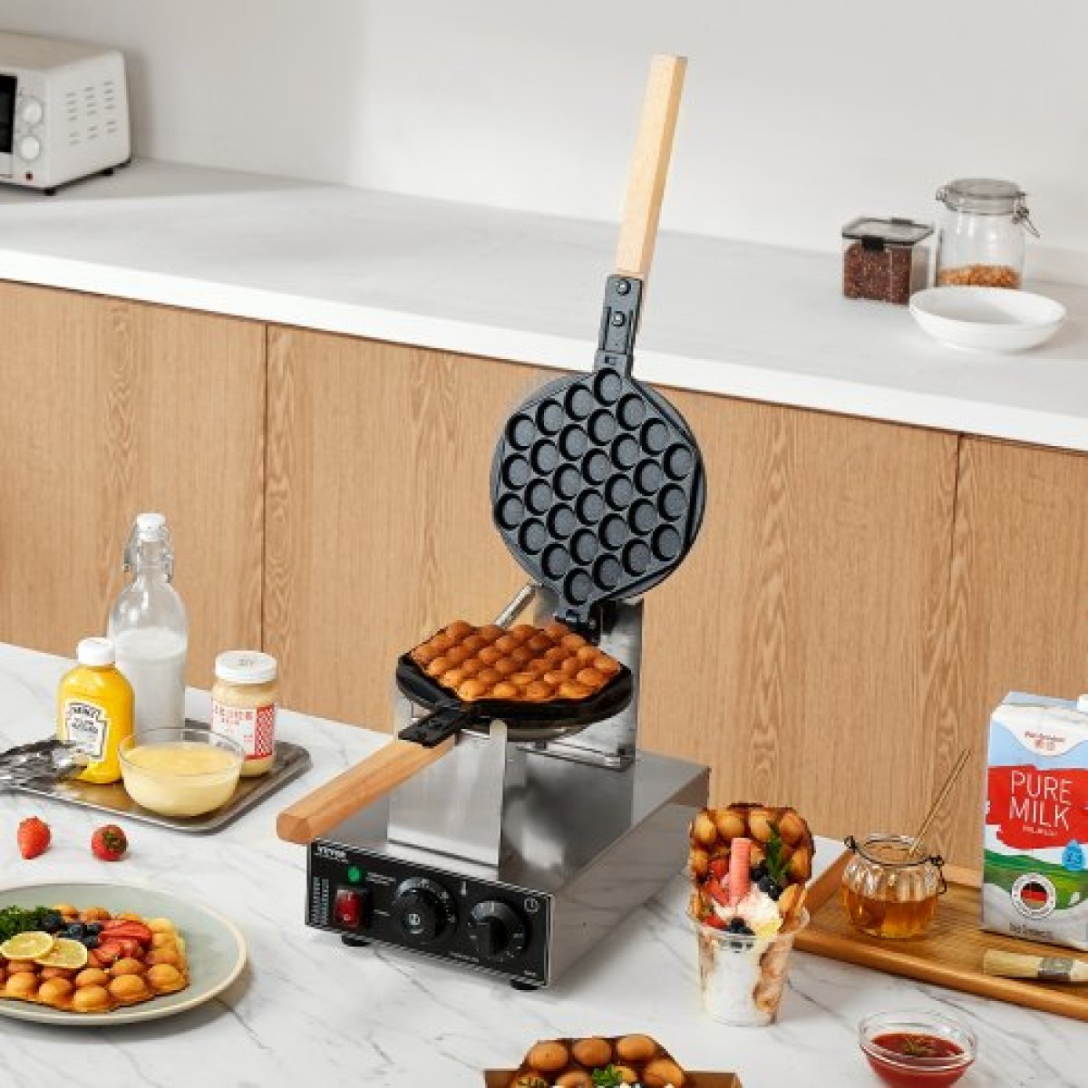 VEVOR Commercial Bubble Waffle Maker, Μηχάνημα αρτοποιίας για τηγανίτες αυγών 1400W, Αντικολλητικό ανοξείδωτο ατσάλι Egg Bubble Puff, Περιστρεφόμενο 180°, Έλεγχος θερμοκρασίας και χρόνου, Ξύλινη λαβή, για σνακ μπαρ αρτοποιίας εστιατορίου