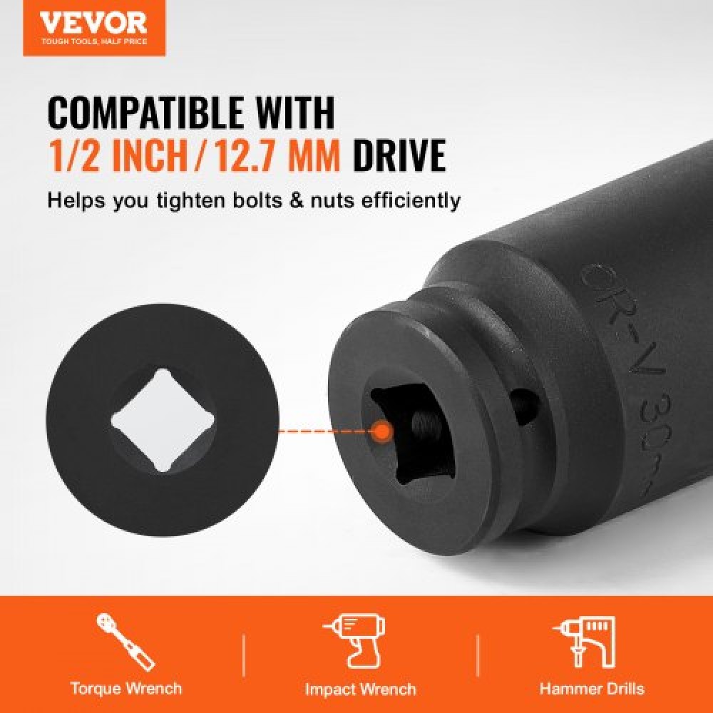 VEVOR Axle Nut Impact Socket Set, 1/2" Drive Deep 6+12-Point 14-Piece Metric Spindle Socket Set, CR-V Heat treated Large Socket set with Storage case, Auto Repair, Αφαίρεση ή Τοποθέτηση Παξιμαδιών Άξονα