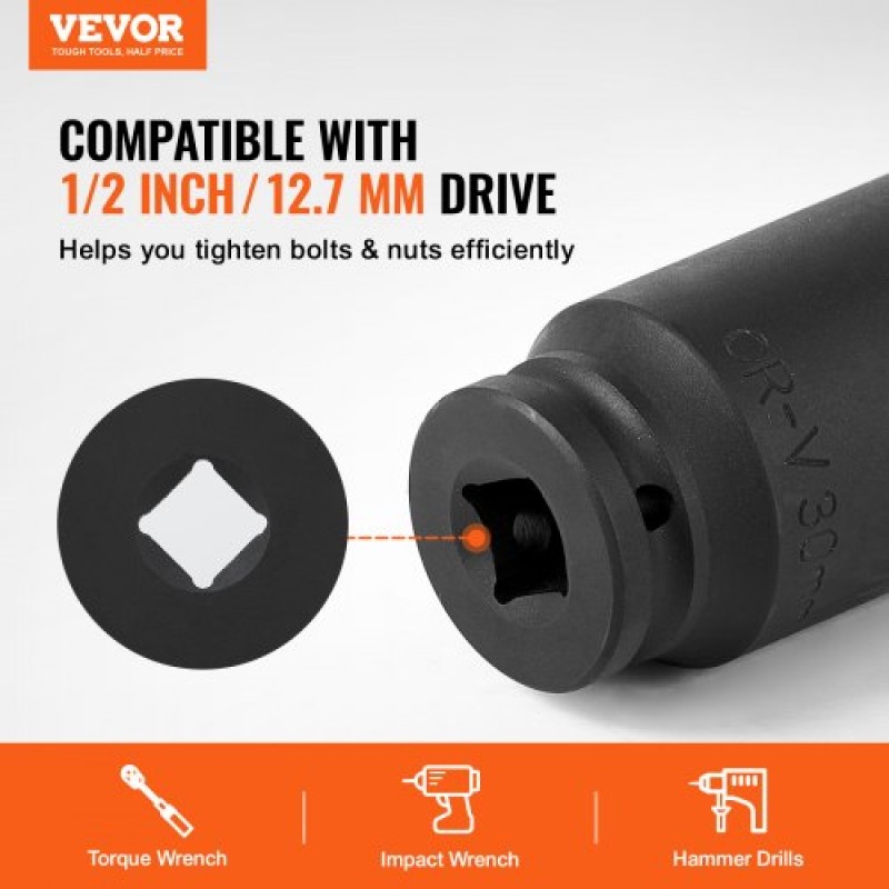 VEVOR Axle Nut Impact Socket Set, 1/2" Drive Deep 6+12-Point 14-Piece Metric Spindle Socket Set, CR-V Heat treated Large Socket set with Storage case, Auto Repair, Αφαίρεση ή Τοποθέτηση Παξιμαδιών Άξονα