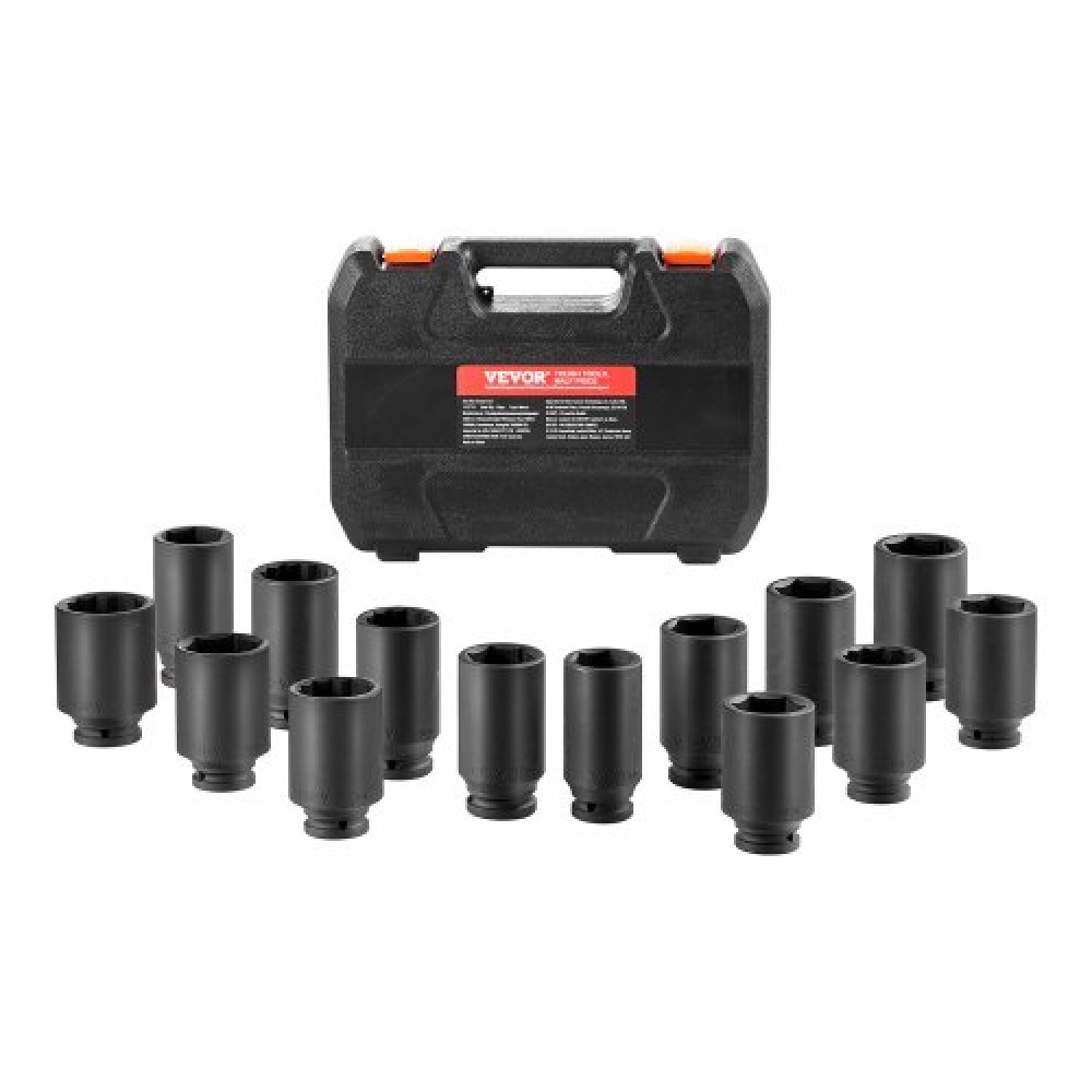 VEVOR Axle Nut Impact Socket Set, 1/2" Drive Deep 6+12-Point 14-Piece Metric Spindle Socket Set, CR-V Heat treated Large Socket set with Storage case, Auto Repair, Αφαίρεση ή Τοποθέτηση Παξιμαδιών Άξονα