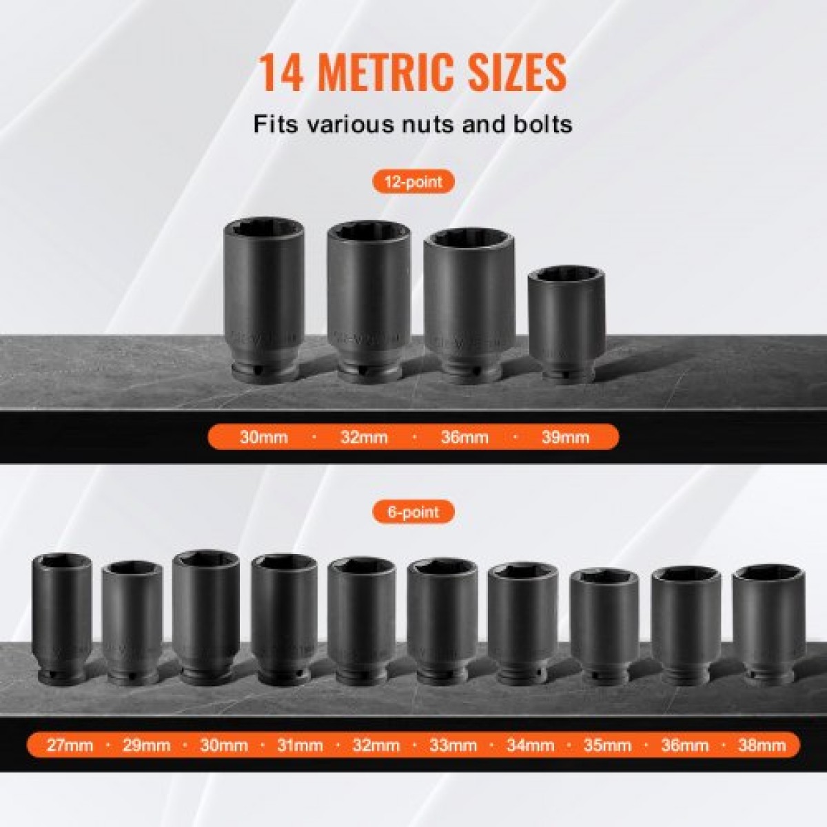 VEVOR Axle Nut Impact Socket Set, 1/2" Drive Deep 6+12-Point 14-Piece Metric Spindle Socket Set, CR-V Heat treated Large Socket set with Storage case, Auto Repair, Αφαίρεση ή Τοποθέτηση Παξιμαδιών Άξονα