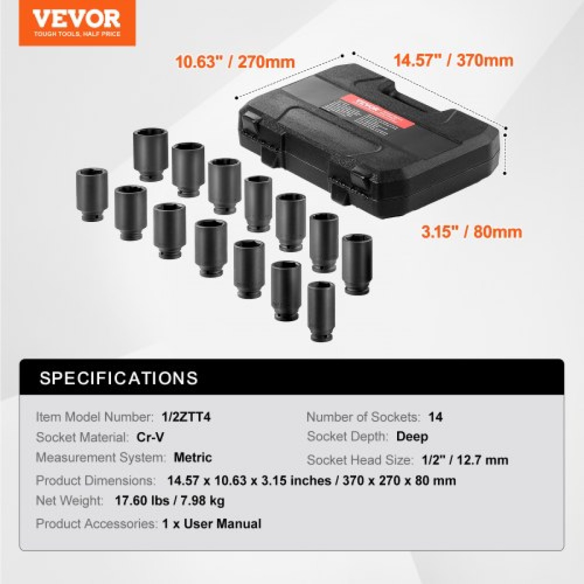 VEVOR Axle Nut Impact Socket Set, 1/2" Drive Deep 6+12-Point 14-Piece Metric Spindle Socket Set, CR-V Heat treated Large Socket set with Storage case, Auto Repair, Αφαίρεση ή Τοποθέτηση Παξιμαδιών Άξονα