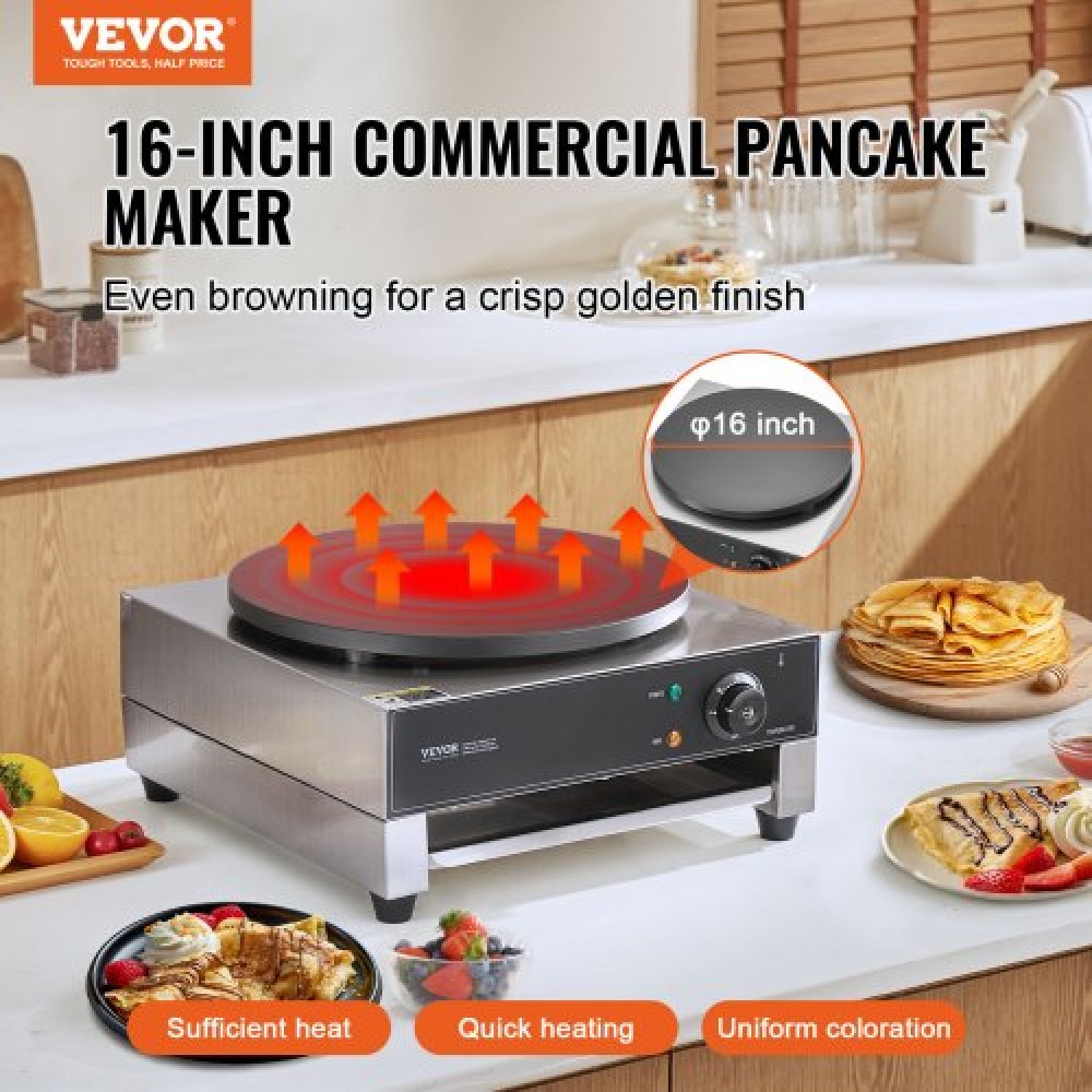 VEVOR Electric Crepe Maker, Εμπορική Μηχανή Κρέπας 16 ιντσών, Επίπεδη πλάκα κρεπ σχάρα 3000W, Μηχάνημα παρασκευής τηγανιτών από αντικολλητικό ανοξείδωτο ατσάλι, επιτραπέζια σόμπα για τηγανίτες με δημητριακά με έλεγχο θερμοκρασίας