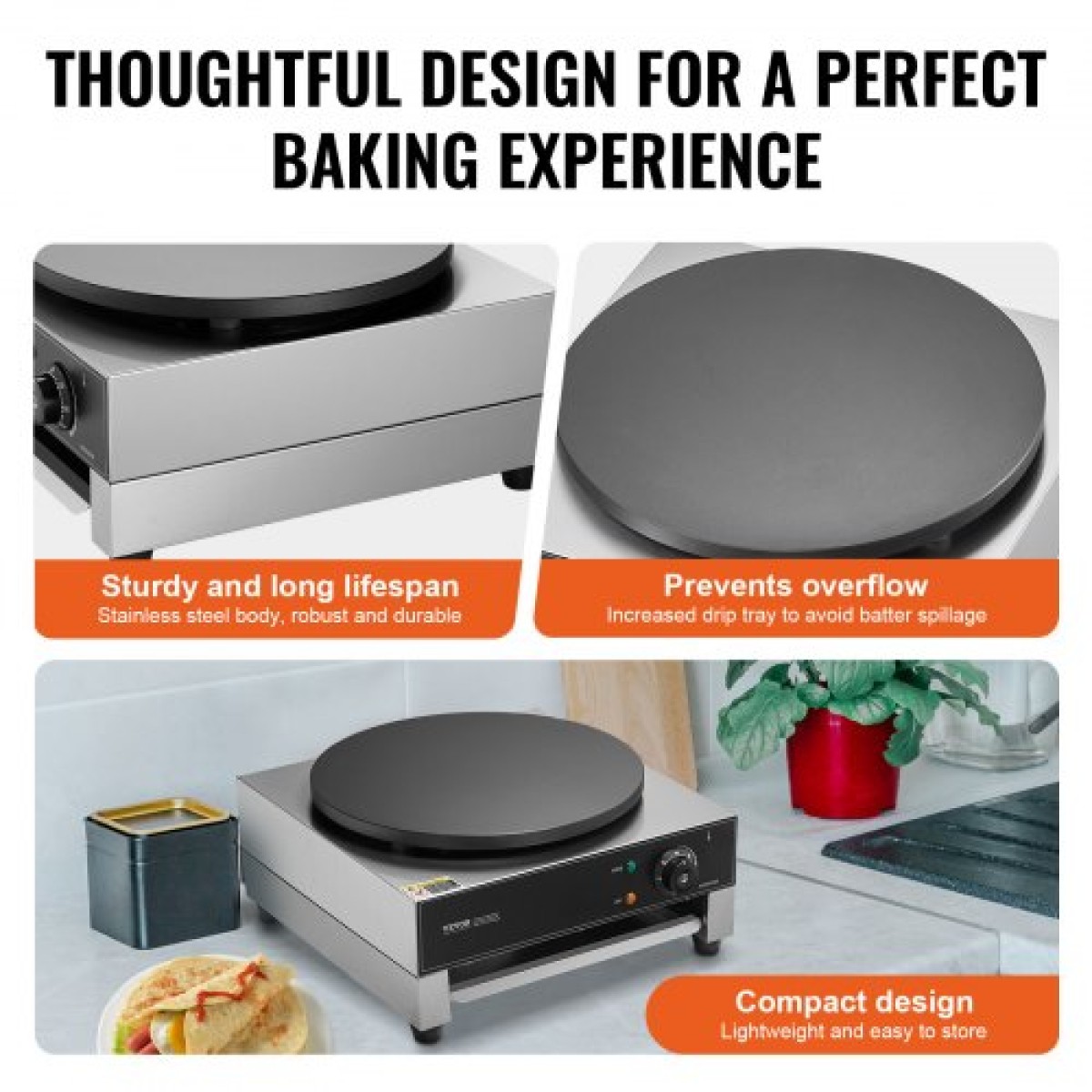 VEVOR Electric Crepe Maker, Εμπορική Μηχανή Κρέπας 16 ιντσών, Επίπεδη πλάκα κρεπ σχάρα 3000W, Μηχάνημα παρασκευής τηγανιτών από αντικολλητικό ανοξείδωτο ατσάλι, επιτραπέζια σόμπα για τηγανίτες με δημητριακά με έλεγχο θερμοκρασίας