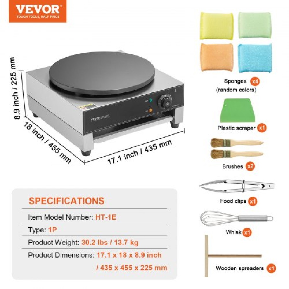 VEVOR Electric Crepe Maker, Εμπορική Μηχανή Κρέπας 16 ιντσών, Επίπεδη πλάκα κρεπ σχάρα 3000W, Μηχάνημα παρασκευής τηγανιτών από αντικολλητικό ανοξείδωτο ατσάλι, επιτραπέζια σόμπα για τηγανίτες με δημητριακά με έλεγχο θερμοκρασίας