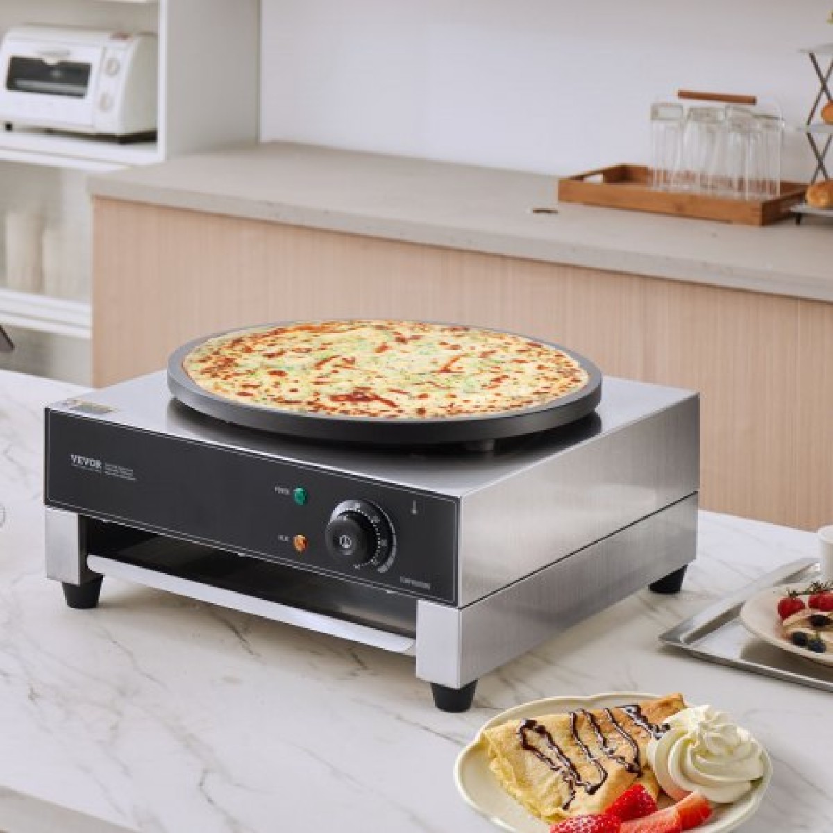 VEVOR Electric Crepe Maker, Εμπορική Μηχανή Κρέπας 16 ιντσών, Επίπεδη πλάκα κρεπ σχάρα 3000W, Μηχάνημα παρασκευής τηγανιτών από αντικολλητικό ανοξείδωτο ατσάλι, επιτραπέζια σόμπα για τηγανίτες με δημητριακά με έλεγχο θερμοκρασίας