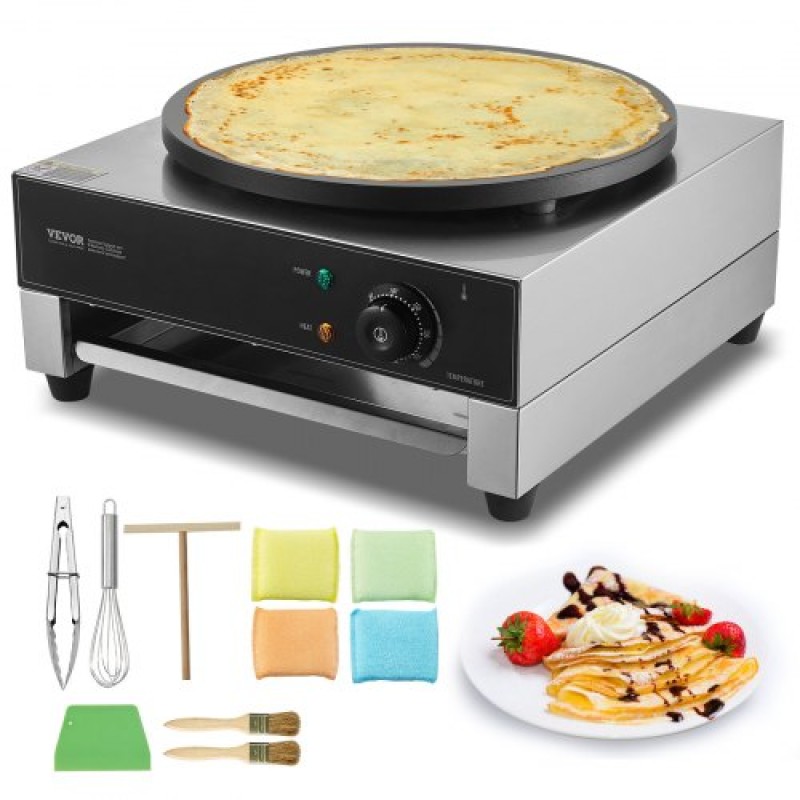VEVOR Electric Crepe Maker, Εμπορική Μηχανή Κρέπας 16 ιντσών, Επίπεδη πλάκα κρεπ σχάρα 3000W, Μηχάνημα παρασκευής τηγανιτών από αντικολλητικό ανοξείδωτο ατσάλι, επιτραπέζια σόμπα για τηγανίτες με δημητριακά με έλεγχο θερμοκρασίας