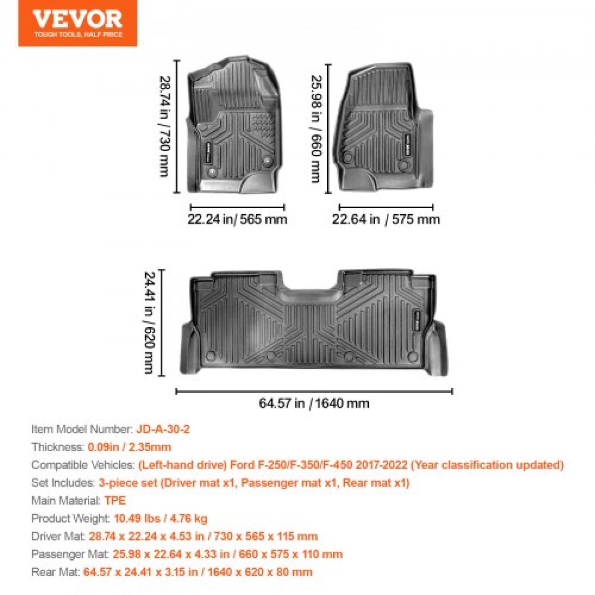 Πατάκια VEVOR Automotive, Ταιριάζει για Ford F250 F350 F450 F550 2017-2024 2025 Super Duty Crew Cab Bucket Seat with Under Seat Storage, 3 τμχ Επενδύσεις εμπρός και 2ης σειράς, Επένδυση δαπέδου για φορτηγά, Μαύρο