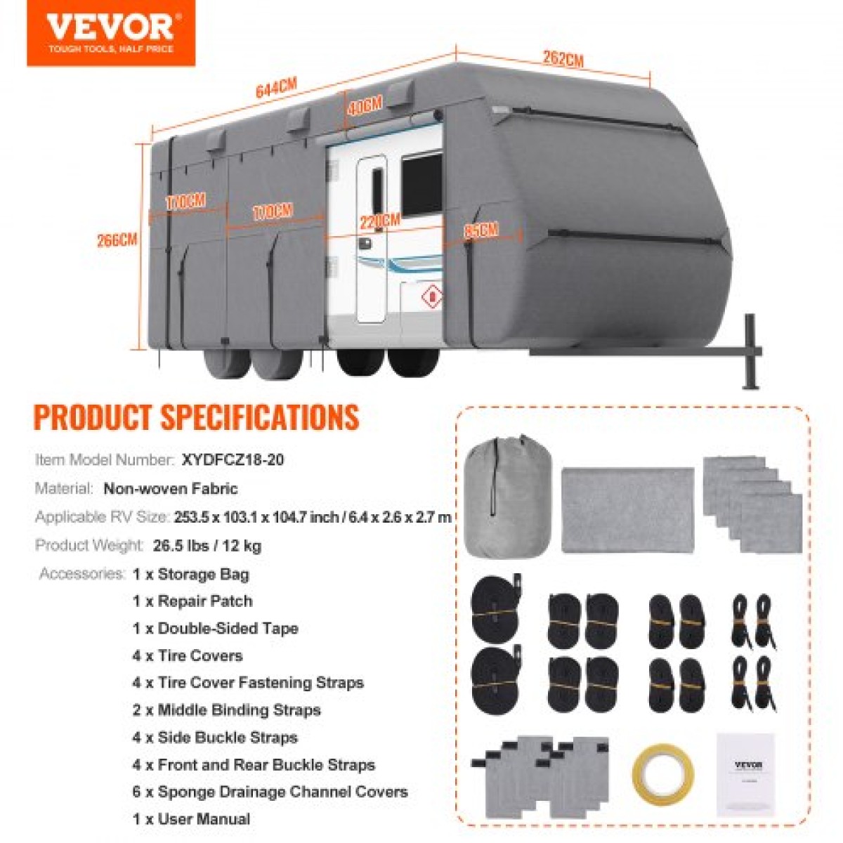 VEVOR Trailer Travel RV Cover 548,6-609,6 cm Μη υφαντό ύφασμα κάλυμμα Camper κατηγορίας A