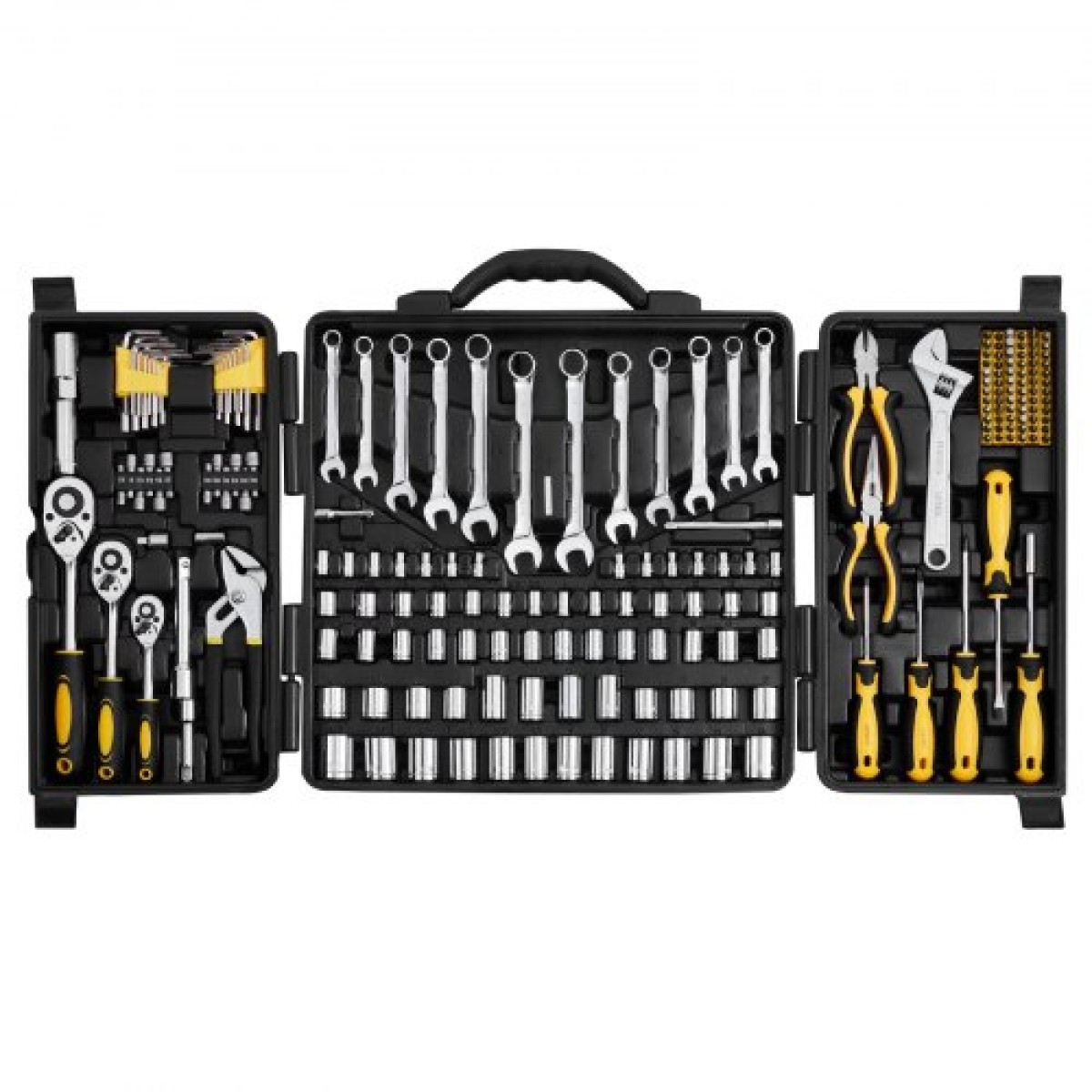 Σετ εργαλείων VEVOR 207-Piece Mechanics, Υποδοχές μετάδοσης κίνησης 1/4" 3/8" 1/2", SAE και Metric Mechanic Tool Kit με μύτες, κλειδιά, λαβή καστάνιας, αξεσουάρ και πλαστική θήκη αποθήκευσης, για επισκευή αυτοκινήτων
