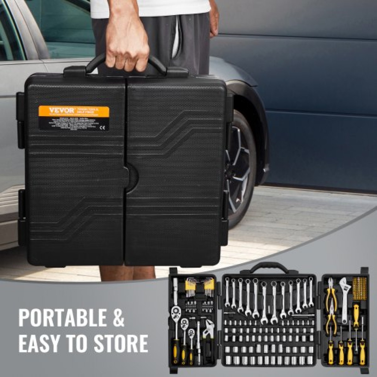 Σετ εργαλείων VEVOR 207-Piece Mechanics, Υποδοχές μετάδοσης κίνησης 1/4" 3/8" 1/2", SAE και Metric Mechanic Tool Kit με μύτες, κλειδιά, λαβή καστάνιας, αξεσουάρ και πλαστική θήκη αποθήκευσης, για επισκευή αυτοκινήτων