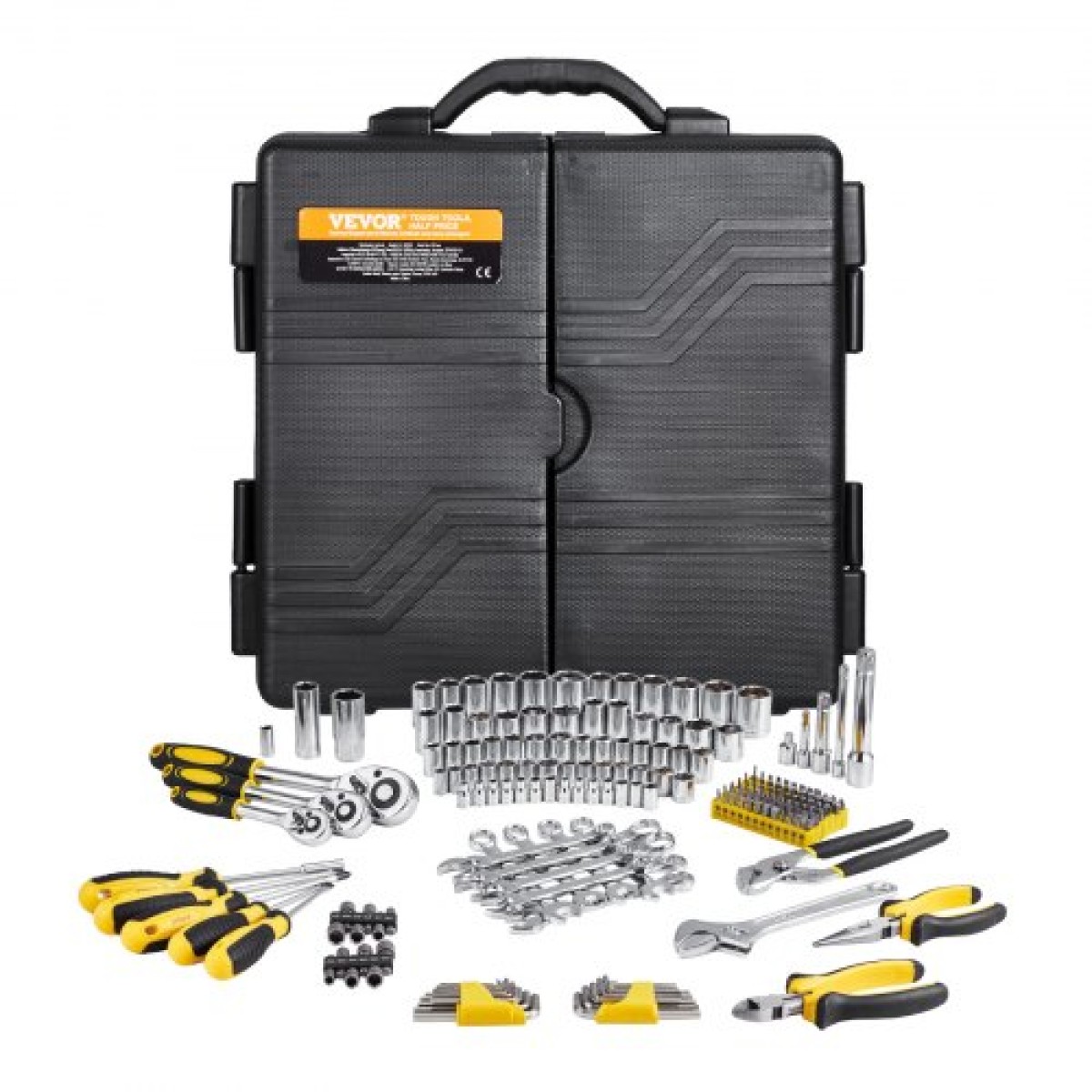 Σετ εργαλείων VEVOR 207-Piece Mechanics, Υποδοχές μετάδοσης κίνησης 1/4" 3/8" 1/2", SAE και Metric Mechanic Tool Kit με μύτες, κλειδιά, λαβή καστάνιας, αξεσουάρ και πλαστική θήκη αποθήκευσης, για επισκευή αυτοκινήτων