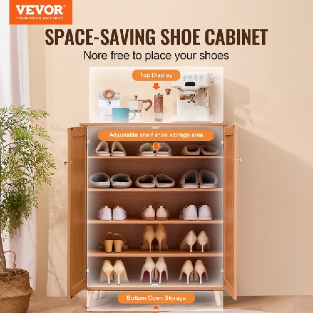 Ντουλάπα VEVOR Rattan Shoe, 5 Tiers Shoe Storage Organizer με 2 πόρτες και ρυθμιζόμενα ράφια, 40,35" Tall Rattan Storage Entryway ντουλάπι Ιδανικό για είσοδο, ντουλάπα, διάδρομο, ανοιχτόχρωμο ξύλο