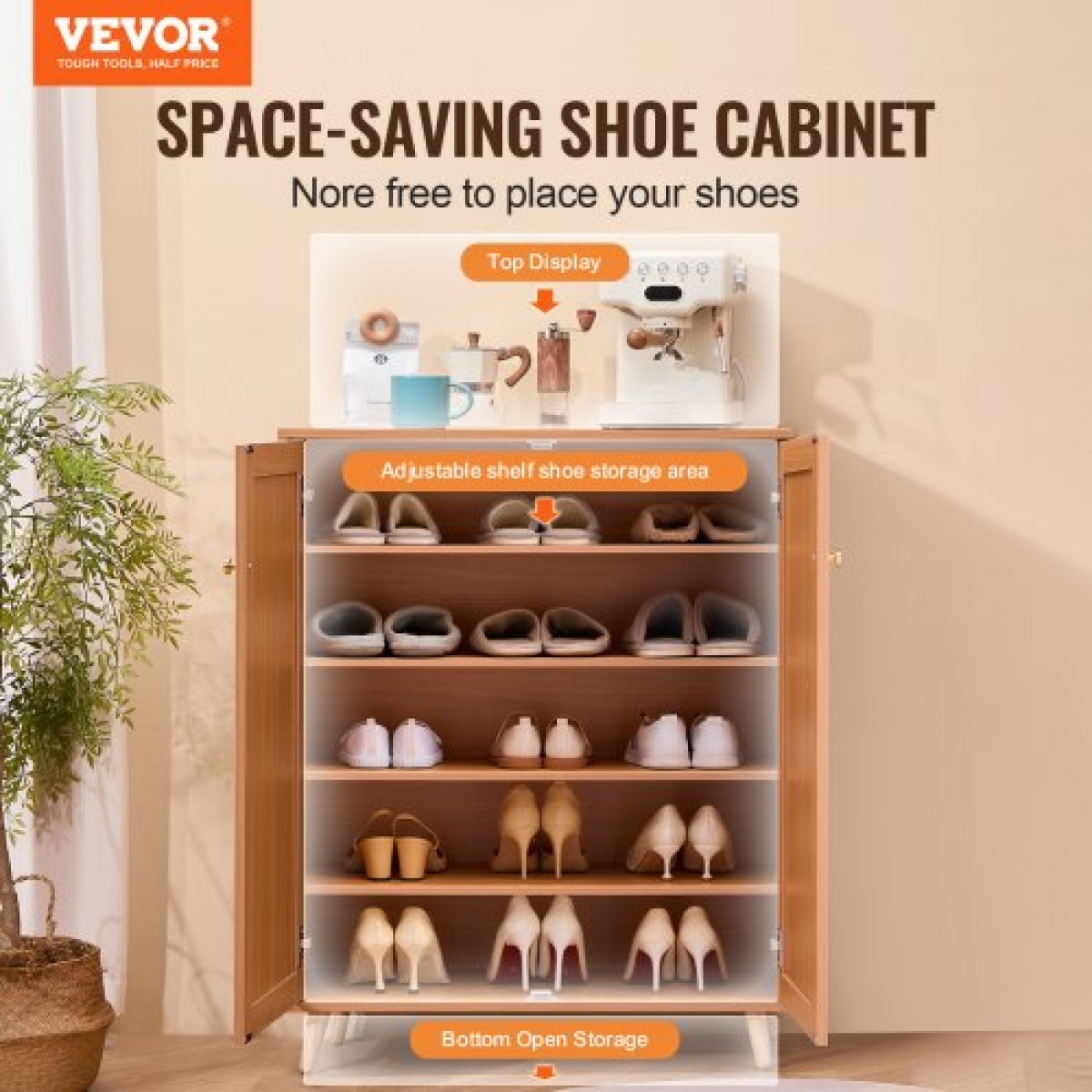 Ντουλάπα VEVOR Rattan Shoe, 5 Tiers Shoe Storage Organizer με 2 πόρτες και ρυθμιζόμενα ράφια, 40,35" Tall Rattan Storage Entryway ντουλάπι Ιδανικό για είσοδο, ντουλάπα, διάδρομο, ανοιχτόχρωμο ξύλο