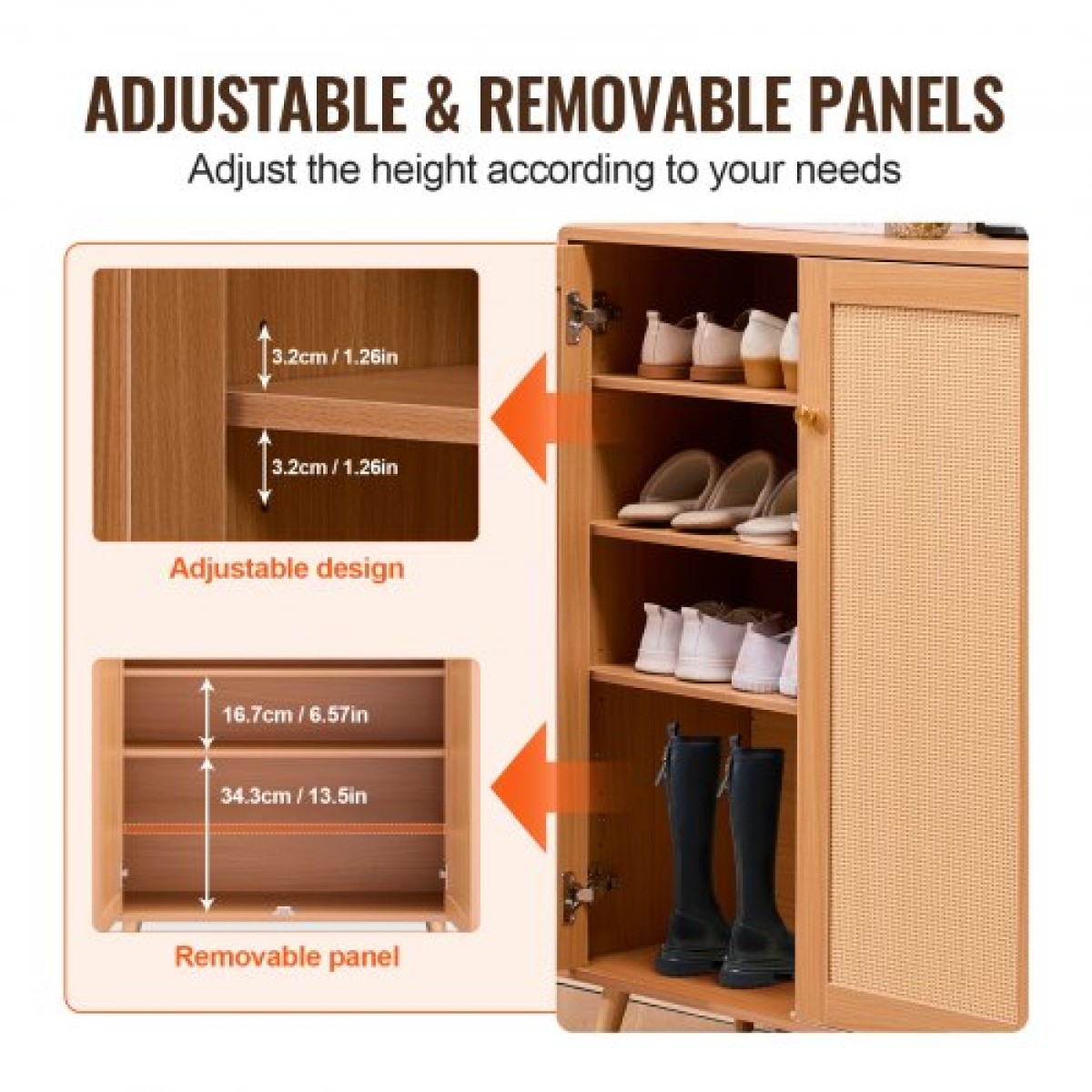 Ντουλάπα VEVOR Rattan Shoe, 5 Tiers Shoe Storage Organizer με 2 πόρτες και ρυθμιζόμενα ράφια, 40,35" Tall Rattan Storage Entryway ντουλάπι Ιδανικό για είσοδο, ντουλάπα, διάδρομο, ανοιχτόχρωμο ξύλο