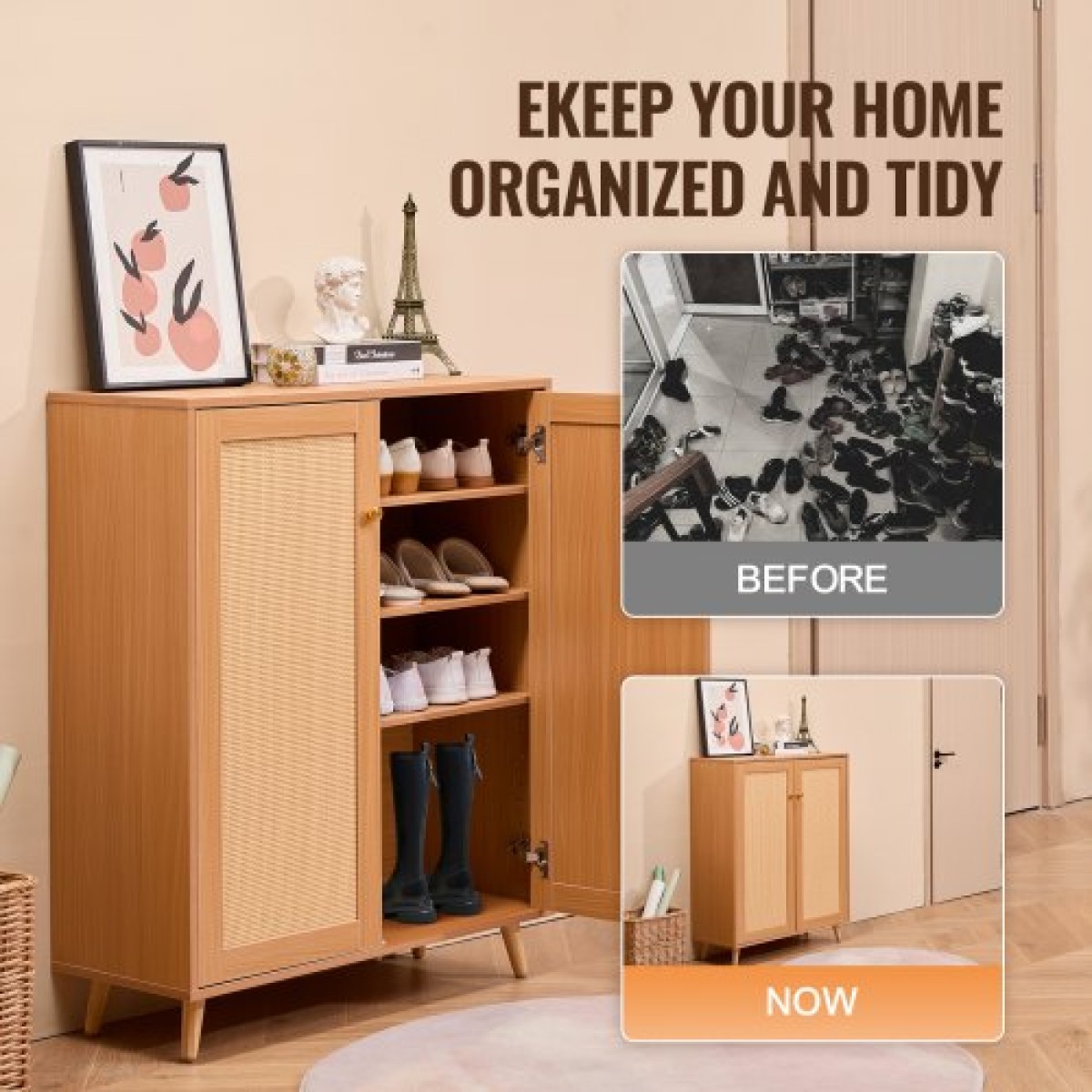 Ντουλάπα VEVOR Rattan Shoe, 5 Tiers Shoe Storage Organizer με 2 πόρτες και ρυθμιζόμενα ράφια, 40,35" Tall Rattan Storage Entryway ντουλάπι Ιδανικό για είσοδο, ντουλάπα, διάδρομο, ανοιχτόχρωμο ξύλο