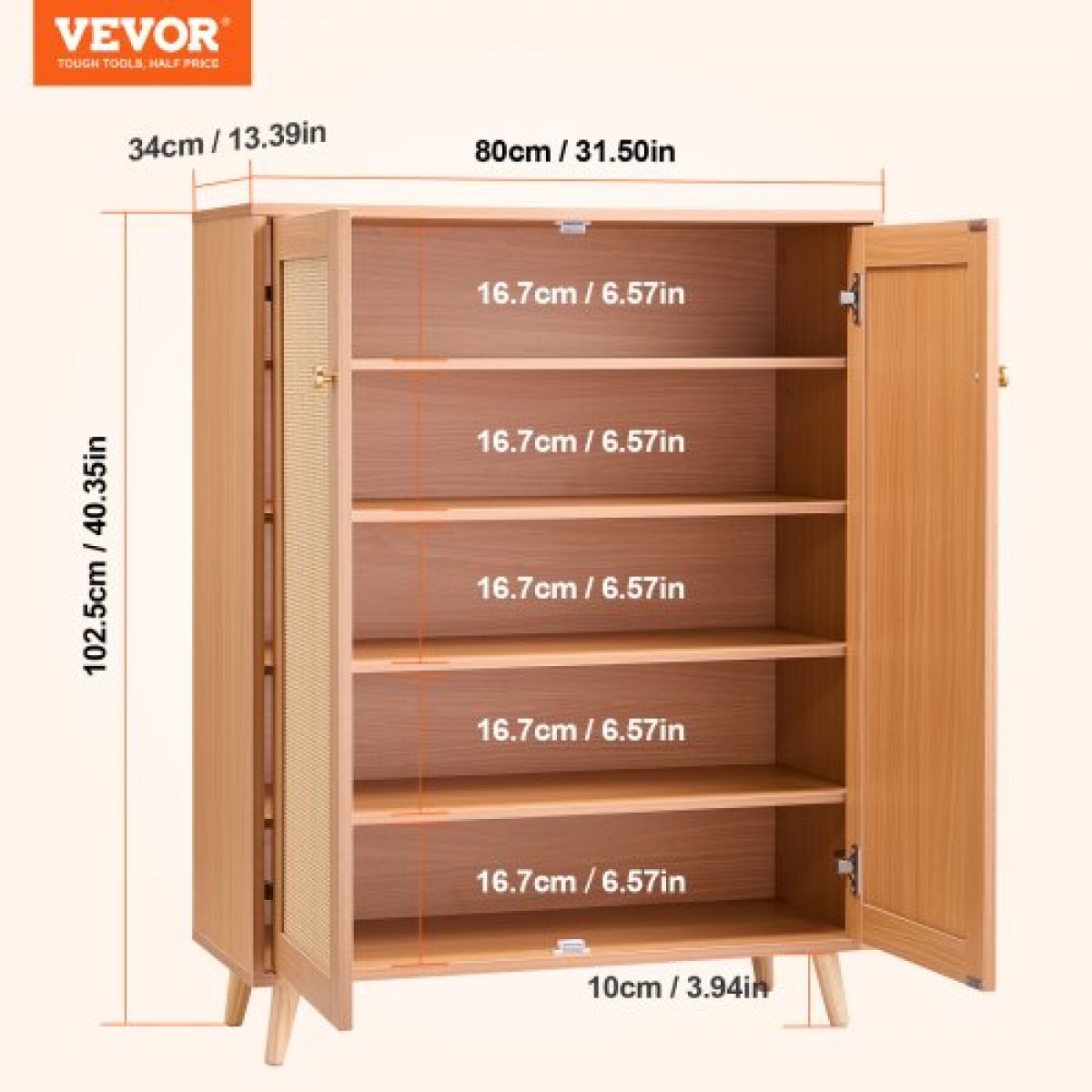 Ντουλάπα VEVOR Rattan Shoe, 5 Tiers Shoe Storage Organizer με 2 πόρτες και ρυθμιζόμενα ράφια, 40,35" Tall Rattan Storage Entryway ντουλάπι Ιδανικό για είσοδο, ντουλάπα, διάδρομο, ανοιχτόχρωμο ξύλο