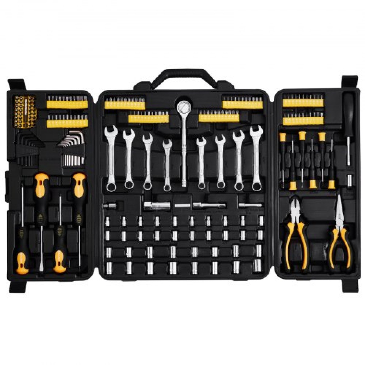 Σετ εργαλείων VEVOR 221-Piece Mechanics, Υποδοχές μετάδοσης κίνησης 1/4" και 3/8", SAE και Metric Mechanic Tool Kit με μύτες, κλειδιά, λαβή καστάνιας, αξεσουάρ και πλαστική θήκη αποθήκευσης, για επισκευή αυτοκινήτων