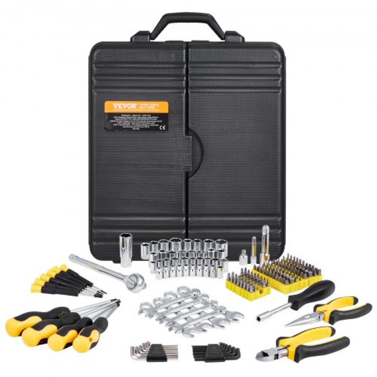 Σετ εργαλείων VEVOR 221-Piece Mechanics, Υποδοχές μετάδοσης κίνησης 1/4" και 3/8", SAE και Metric Mechanic Tool Kit με μύτες, κλειδιά, λαβή καστάνιας, αξεσουάρ και πλαστική θήκη αποθήκευσης, για επισκευή αυτοκινήτων