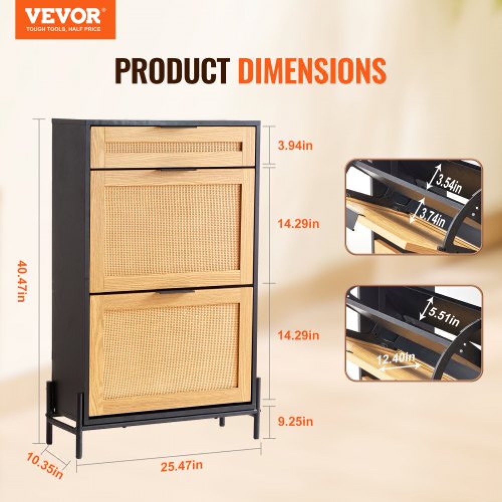 Ντουλάπα παπουτσιών VEVOR Rattan, Στενό ντουλάπι αποθήκευσης παπουτσιών με 2 συρτάρια πτυσσόμενο ρατάν & 1 συρτάρι, μεταλλικά πόδια, ντουλάπι εισόδου λεπτών παπουτσιών Ιδανικό για είσοδο, ντουλάπα, διάδρομο, μαύρο