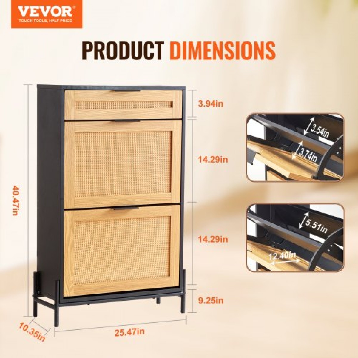 Ντουλάπα παπουτσιών VEVOR Rattan, Στενό ντουλάπι αποθήκευσης παπουτσιών με 2 συρτάρια πτυσσόμενο ρατάν & 1 συρτάρι, μεταλλικά πόδια, ντουλάπι εισόδου λεπτών παπουτσιών Ιδανικό για είσοδο, ντουλάπα, διάδρομο, μαύρο