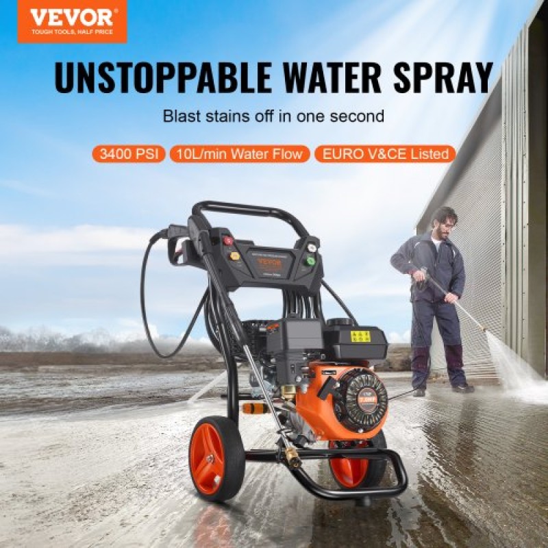 VEVOR Gas Pressure Washer, 3400 PSI 2,6 GPM, Gas powered Pressure Washer 10L/min with aluminium Pump, Spray Gun and Extension Wand, 5 Nozzle set, for Cars, Fences, Homes, Driveways, Patios, Vertical