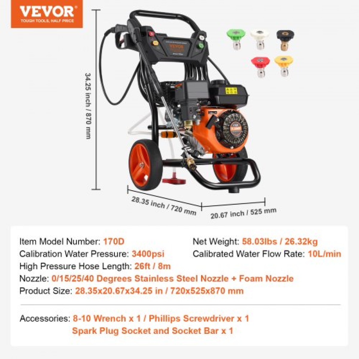 VEVOR Gas Pressure Washer, 3400 PSI 2,6 GPM, Gas powered Pressure Washer 10L/min with aluminium Pump, Spray Gun and Extension Wand, 5 Nozzle set, for Cars, Fences, Homes, Driveways, Patios, Vertical