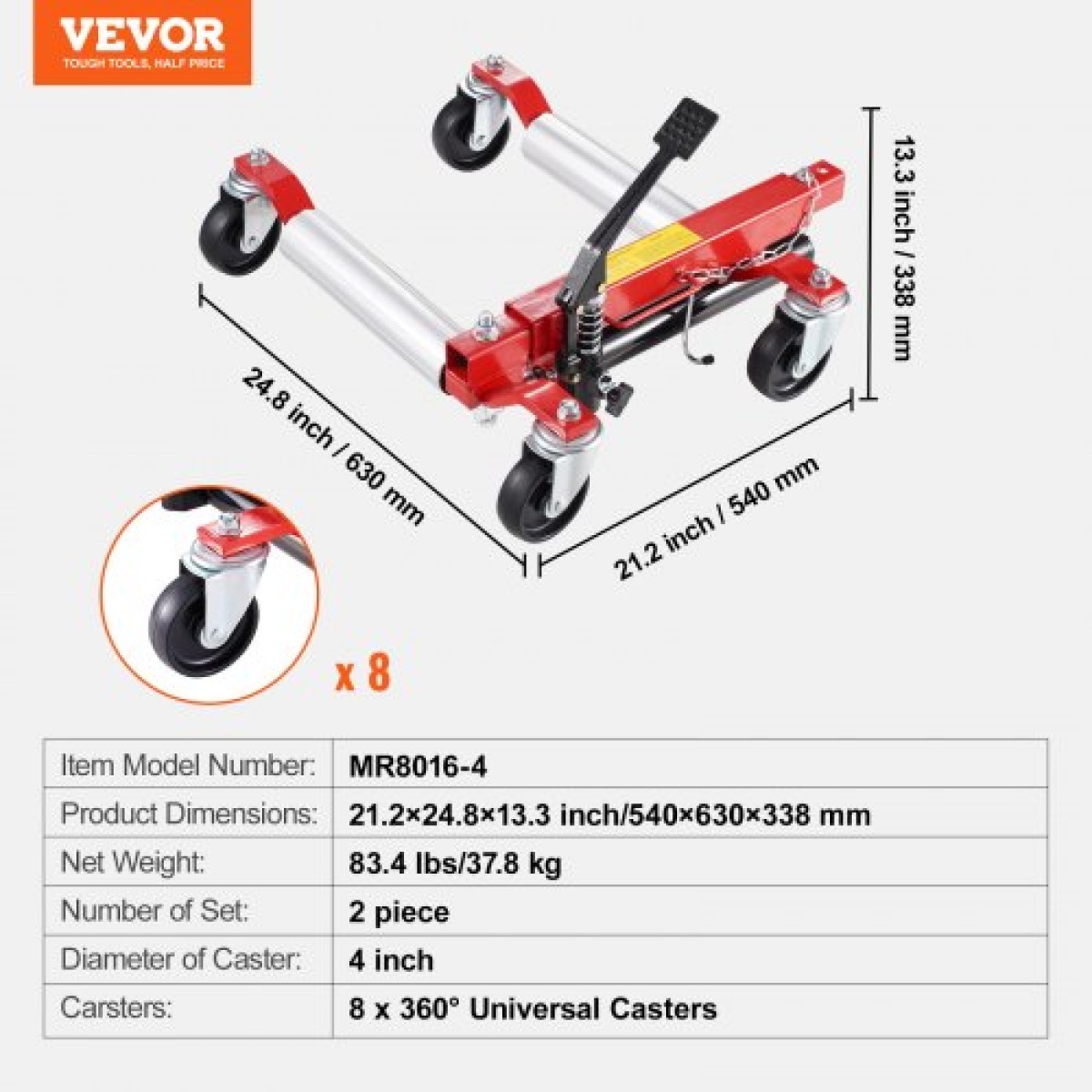 VEVOR Wheel Dolly, Max Capacity 1500 Lbs Car Dolly, Car Jack Dolly Lifter με περιστρεφόμενους τροχούς 360°, Heavy Duty Vehicle Positioning Hydraulic Tire Jack, for Vehicle Car Repair Moving, Σετ 2