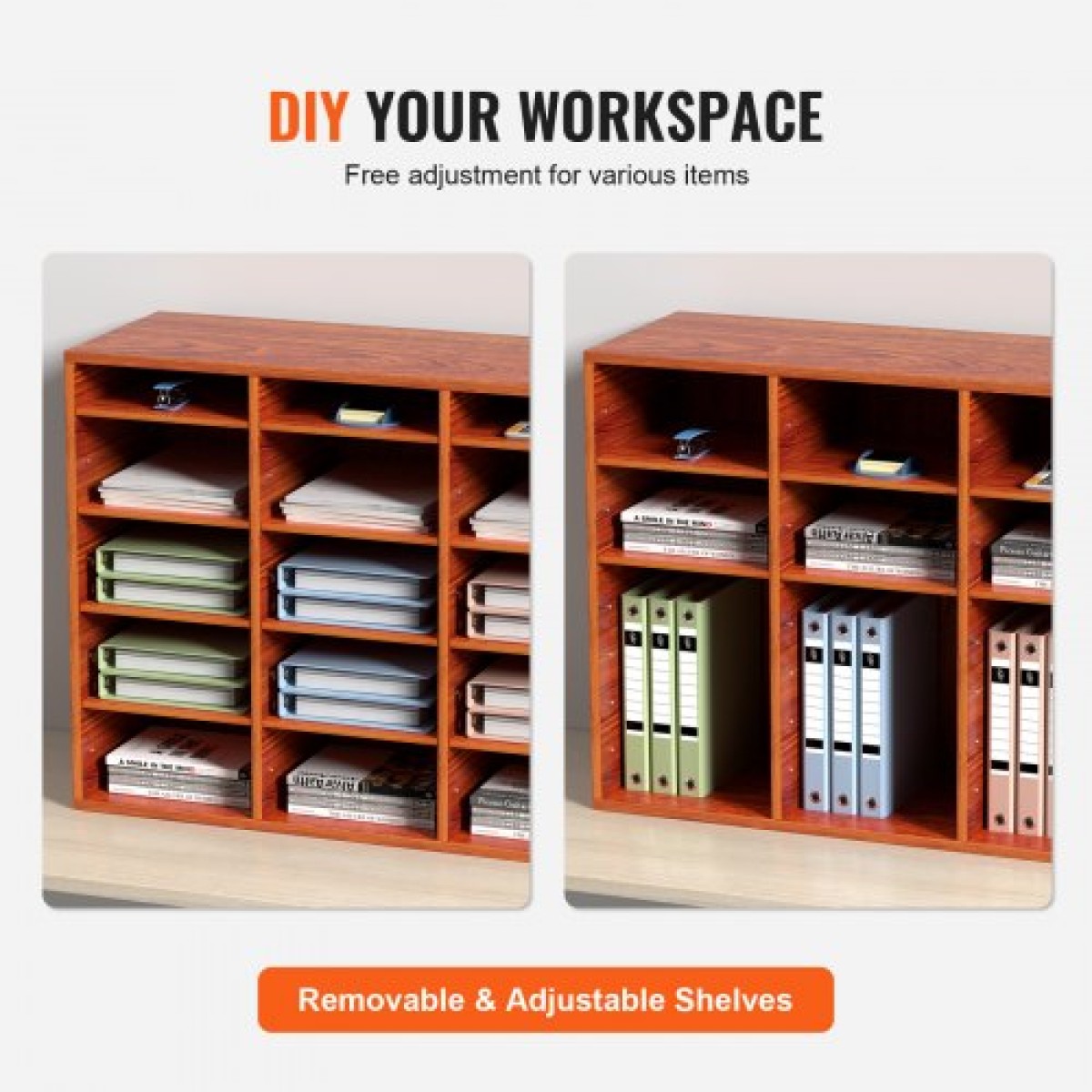 VEVOR 27 Compartments Wood Literature Organizer, Ρυθμιζόμενα ράφια, Medium Density Fiberboard Mail Center, Office Home School Storage για αρχεία, έγγραφα, χαρτιά, περιοδικά, καφέ