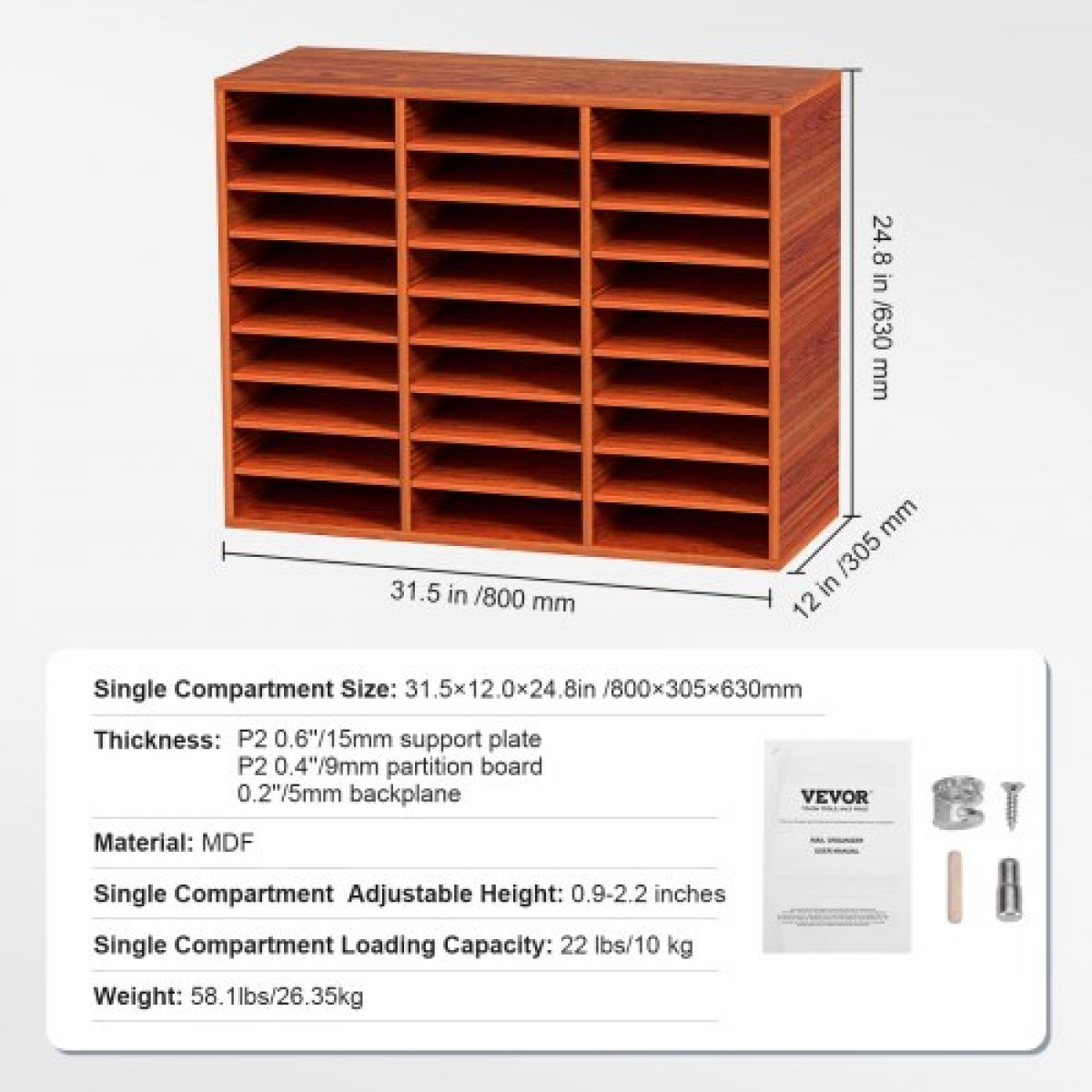 VEVOR 27 Compartments Wood Literature Organizer, Ρυθμιζόμενα ράφια, Medium Density Fiberboard Mail Center, Office Home School Storage για αρχεία, έγγραφα, χαρτιά, περιοδικά, καφέ