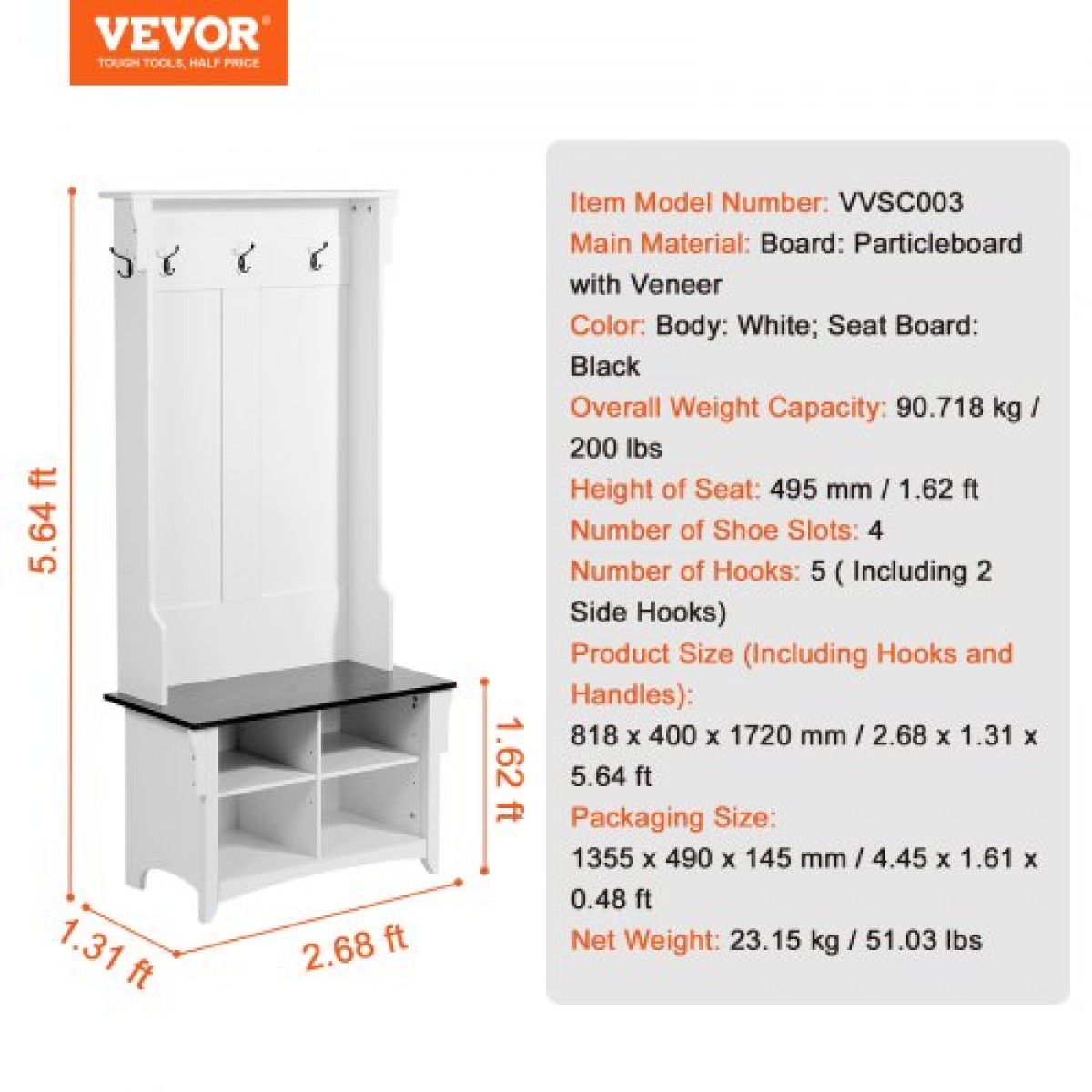 VEVOR Hall Tree, Wooden Hall Tree με πάγκο και χώρο αποθήκευσης παπουτσιών, White Hall Tree με παλτό, ρυθμιζόμενα ράφια και 5 κρεμαστά άγκιστρα, έπιπλα mudroom με 4 συρτάρια αποθήκευσης, για είσοδο & διάδρομο