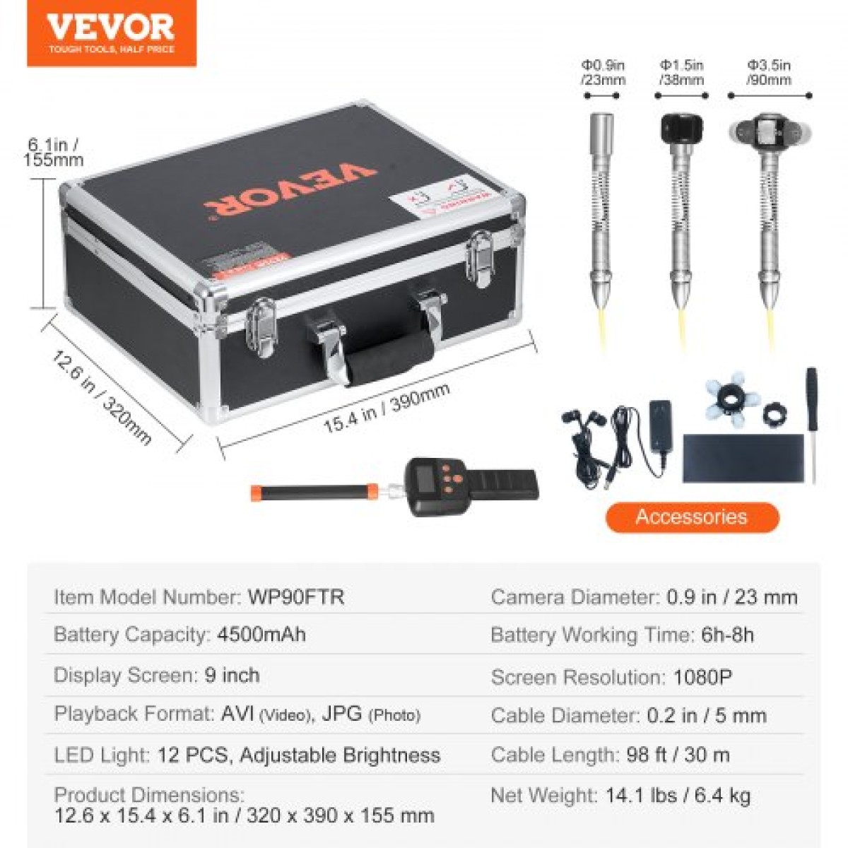VEVOR Sewer Camera 2987 cm Αυτοεπιπεδούμενη κάμερα αγωγού με 512Hz Locator 36X Zoom
