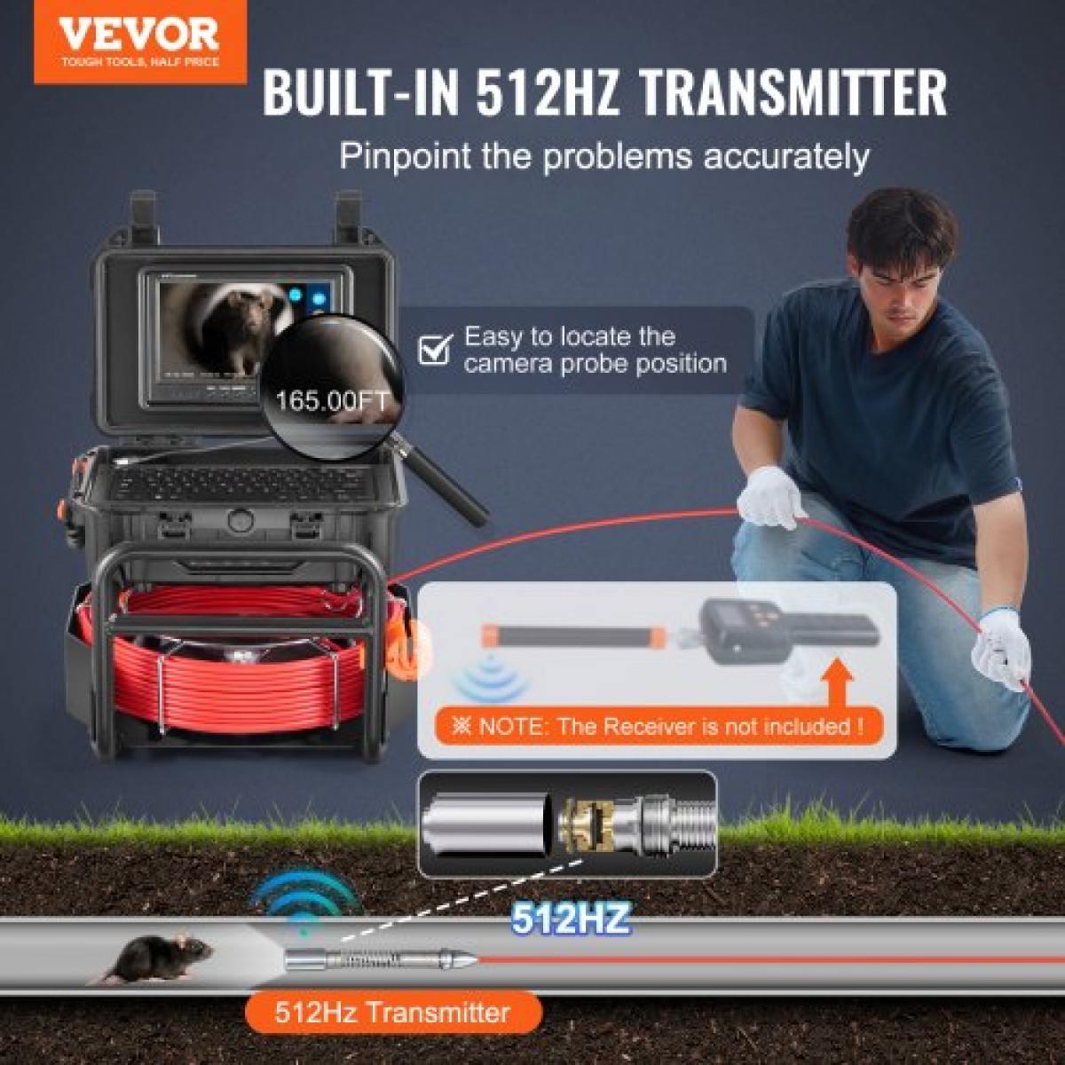 VEVOR Sewer Camera, 165 ft/50m, Αυτοεπιπεδούμενη κάμερα αποστράγγισης με πομπό 512 Hz, μετρητής απόστασης, 9" Screen 1080P HD Snake Plumbing Camera with Lights-12 LED & Card 32GB for Duct Pipe