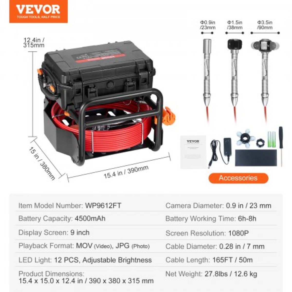 VEVOR Sewer Camera, 165 ft/50m, Αυτοεπιπεδούμενη κάμερα αποστράγγισης με πομπό 512 Hz, μετρητής απόστασης, 9" Screen 1080P HD Snake Plumbing Camera with Lights-12 LED & Card 32GB for Duct Pipe