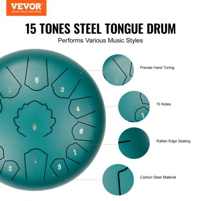 VEVOR Steel Tongue Drum, 12 in & 13 Notes, C Major Steel Drum for Outside Garden, with 2 Mallets & Carry Bag, Hand Pan Drum Drum Percussion Instrument for Meditation Musical Education Yoga, Green