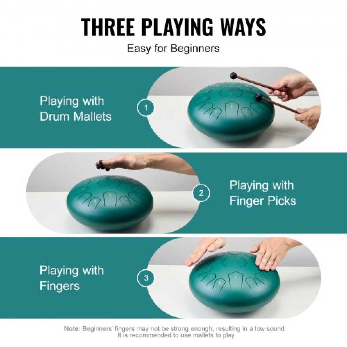 VEVOR Steel Tongue Drum, 12 in & 13 Notes, C Major Steel Drum for Outside Garden, with 2 Mallets & Carry Bag, Hand Pan Drum Drum Percussion Instrument for Meditation Musical Education Yoga, Green