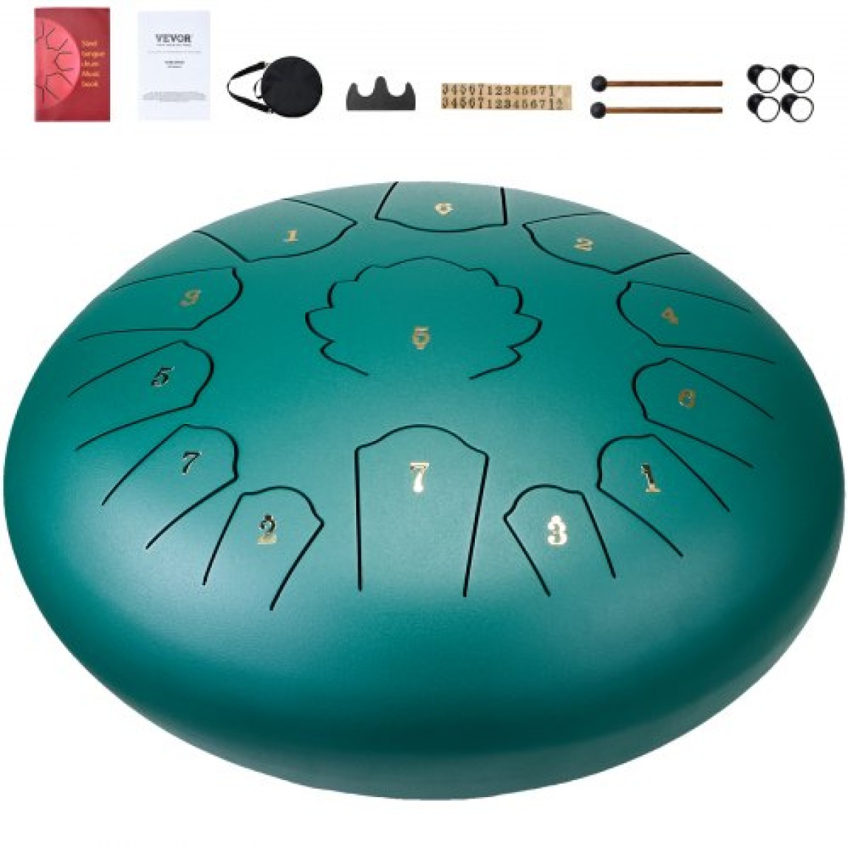 VEVOR Steel Tongue Drum, 12 in & 13 Notes, C Major Steel Drum for Outside Garden, with 2 Mallets & Carry Bag, Hand Pan Drum Drum Percussion Instrument for Meditation Musical Education Yoga, Green