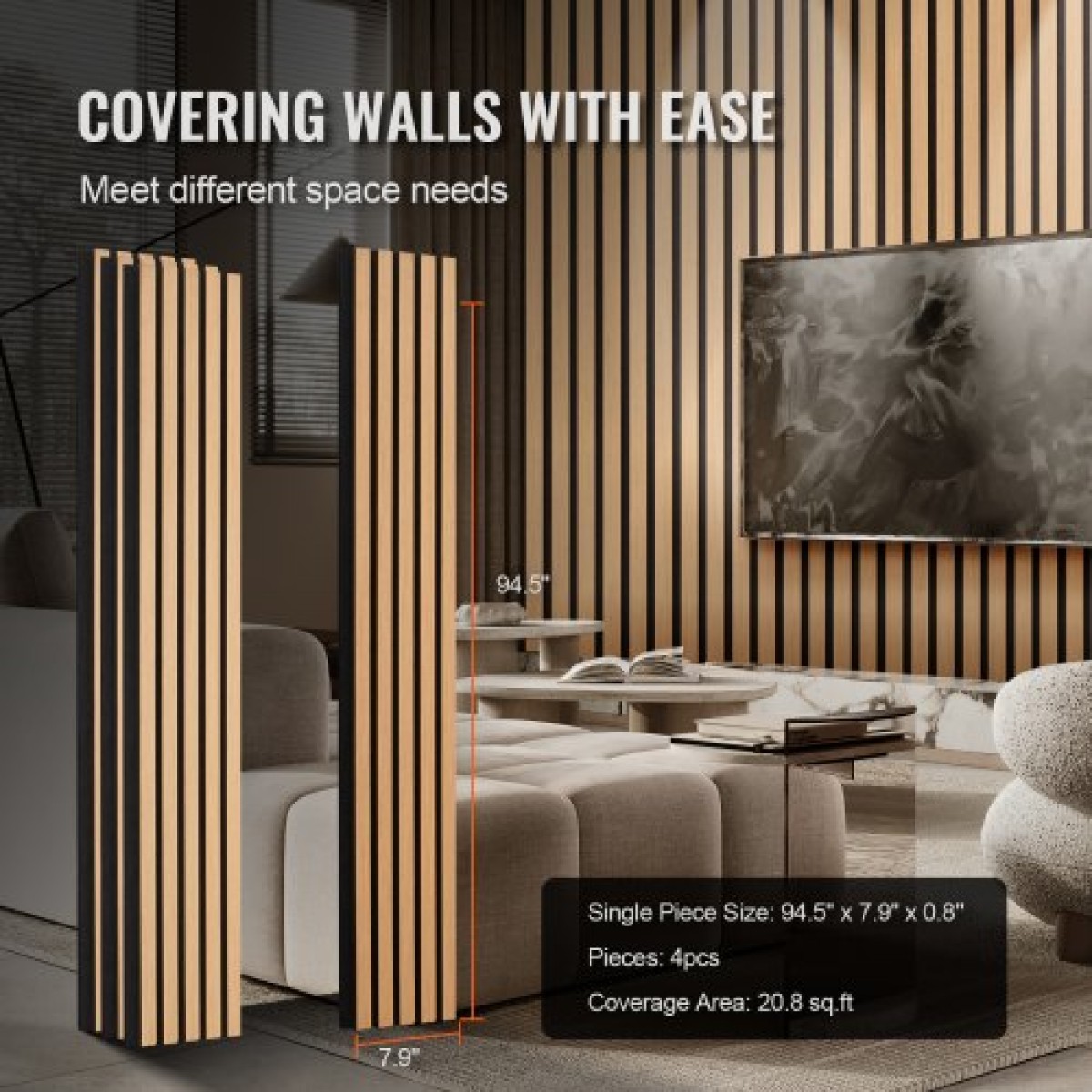 Ακουστικά πάνελ VEVOR Wood Slat, 7,9 x 94,5 ίντσες, ξύλινα πάνελ τοίχου MDF Accent για μοντέρνα εσωτερική διακόσμηση τοίχων, πάνελ τοίχου από ψεύτικο ξύλο για μείωση θορύβου, ανοιχτόχρωμη δρυς
