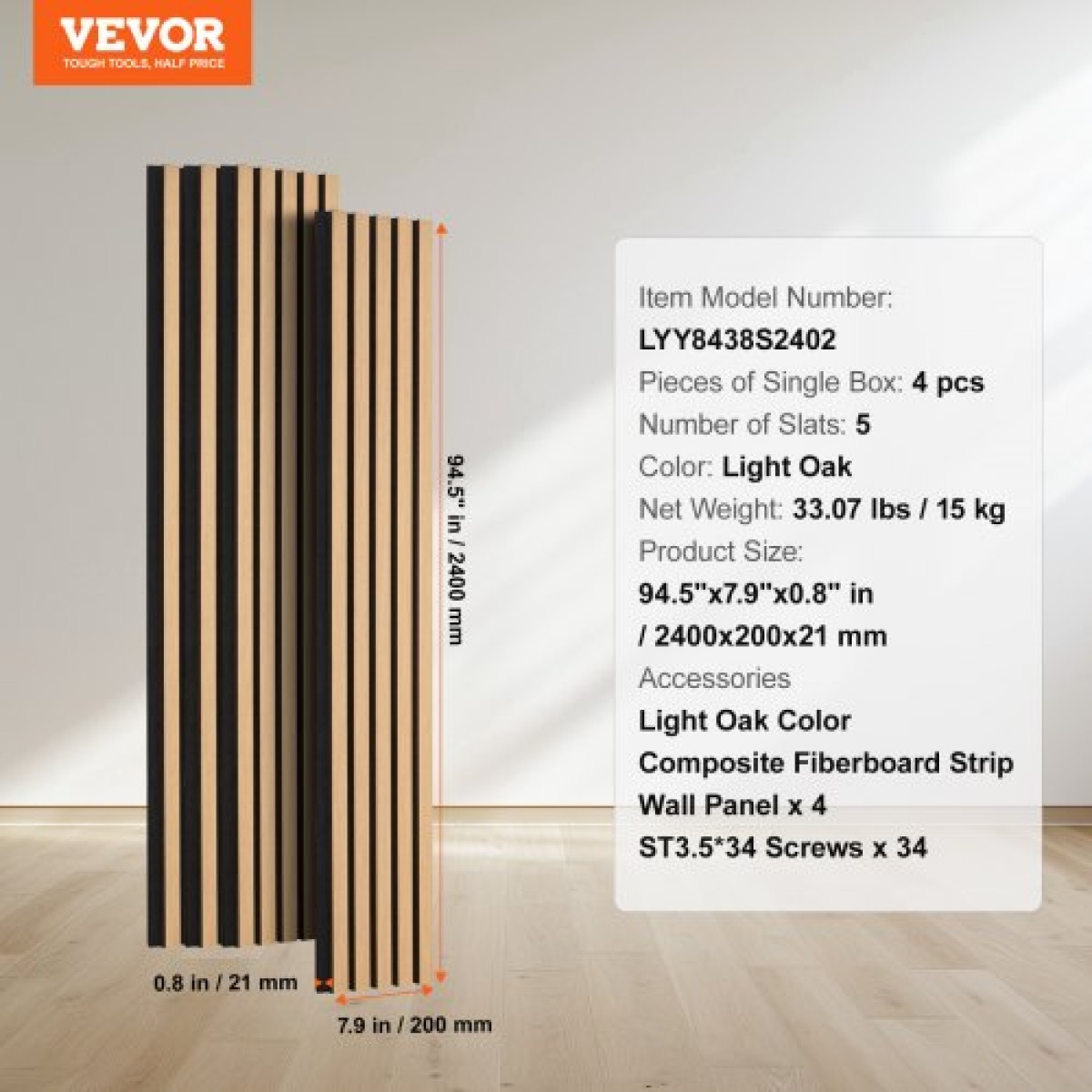 Ακουστικά πάνελ VEVOR Wood Slat, 7,9 x 94,5 ίντσες, ξύλινα πάνελ τοίχου MDF Accent για μοντέρνα εσωτερική διακόσμηση τοίχων, πάνελ τοίχου από ψεύτικο ξύλο για μείωση θορύβου, ανοιχτόχρωμη δρυς