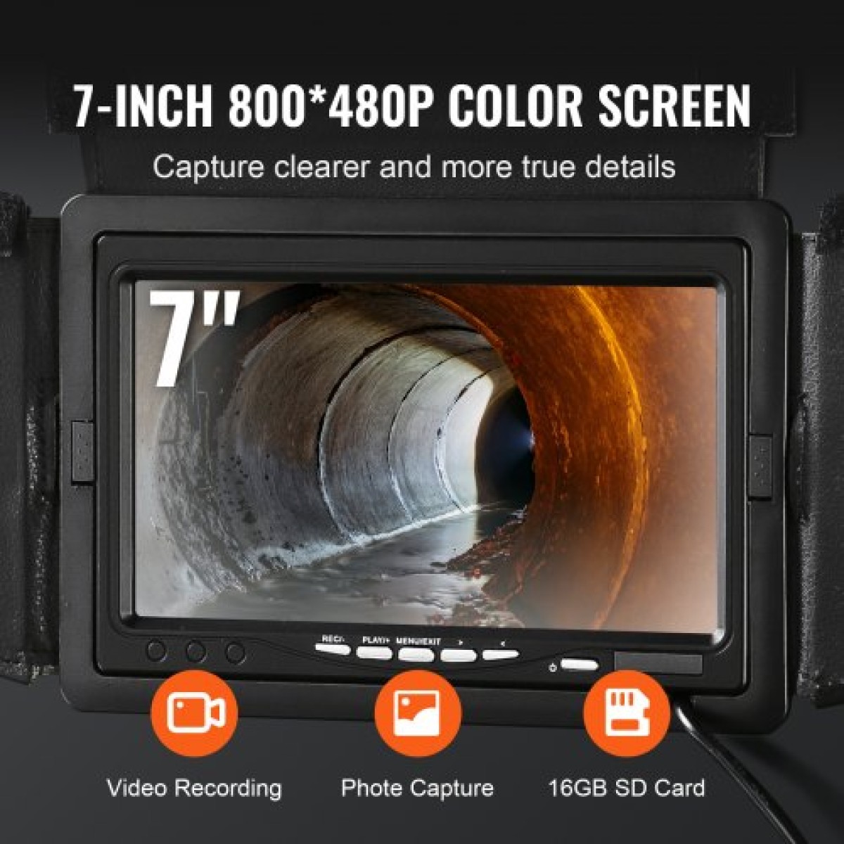 VEVOR Sewer Camera, 165 ft/50 m, 7" Screen Pipeline Inspection Camera με λειτουργία DVR, αδιάβροχη κάμερα IP68, ρυθμιζόμενη LED 12 τμχ, με κάρτα SD 16 GB για γραμμή αποχέτευσης, υδραυλικές εγκαταστάσεις σωλήνων αποστράγγισης