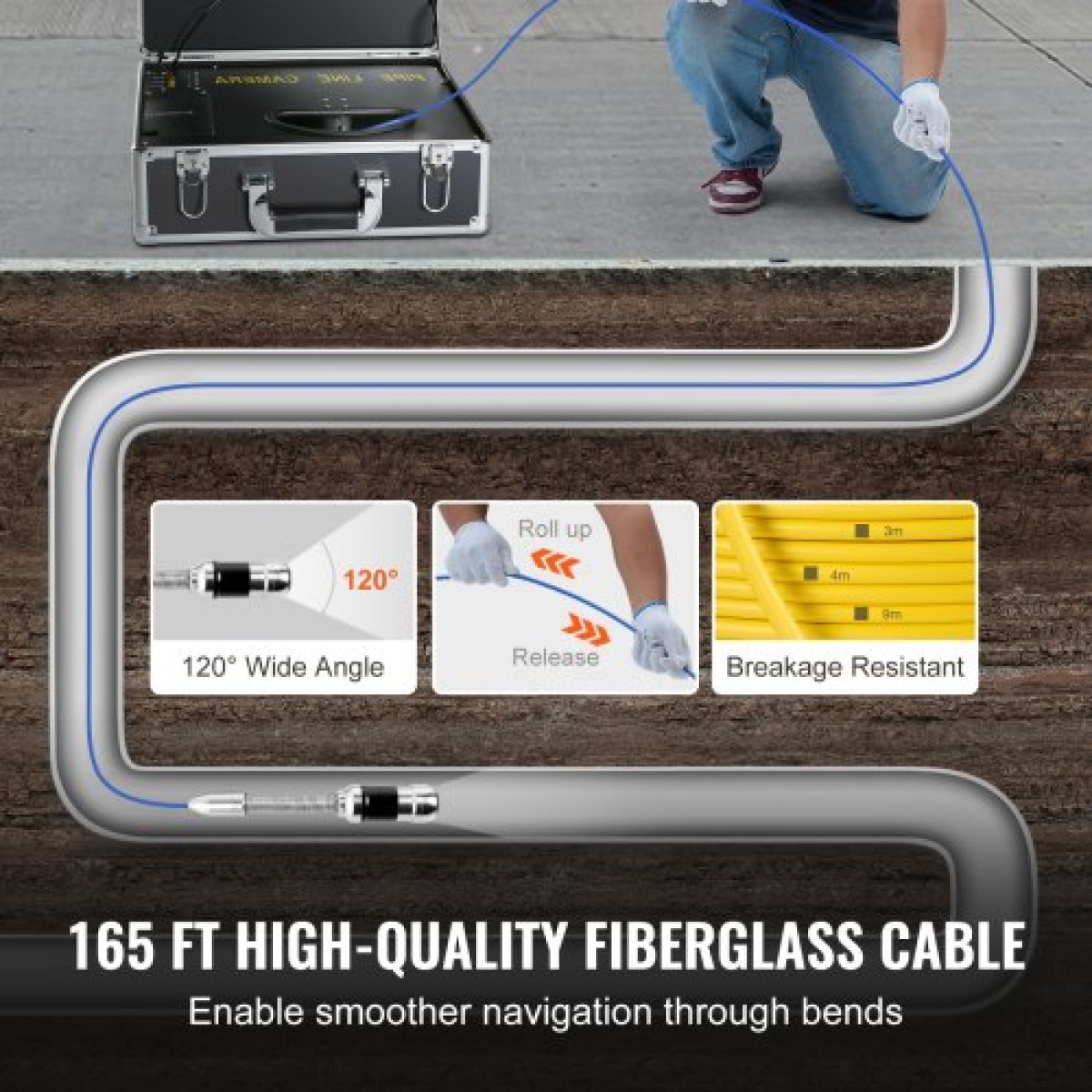 VEVOR Sewer Camera, 165 ft/50 m, 7" Screen Pipeline Inspection Camera με λειτουργία DVR, αδιάβροχη κάμερα IP68, ρυθμιζόμενη LED 12 τμχ, με κάρτα SD 16 GB για γραμμή αποχέτευσης, υδραυλικές εγκαταστάσεις σωλήνων αποστράγγισης