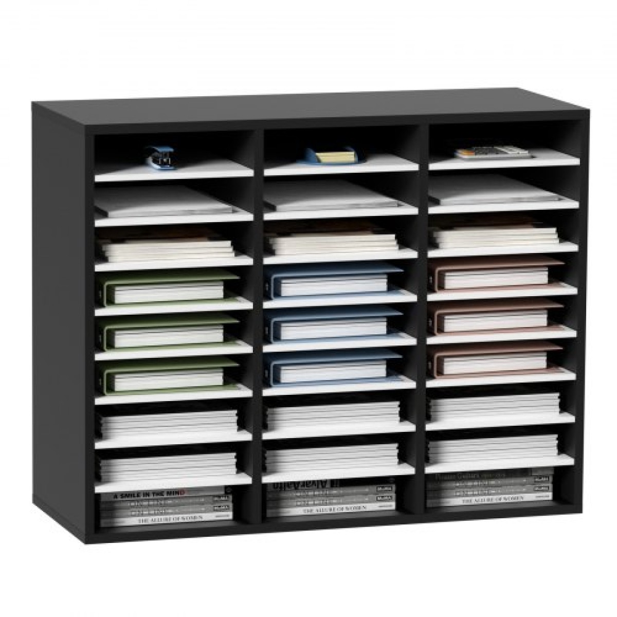 VEVOR 27 Compartments Wood Literature Organizer, Ρυθμιζόμενα ράφια, Κέντρο αλληλογραφίας από ινοσανίδες μεσαίας πυκνότητας, Office Home School Storage για αρχεία, έγγραφα, χαρτιά, περιοδικά, μαύρο+λευκό