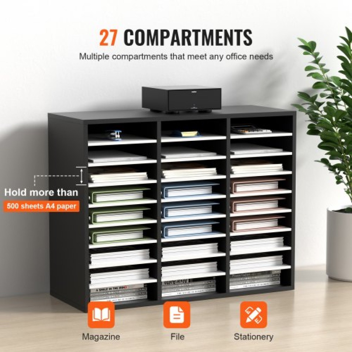 VEVOR 27 Compartments Wood Literature Organizer, Ρυθμιζόμενα ράφια, Κέντρο αλληλογραφίας από ινοσανίδες μεσαίας πυκνότητας, Office Home School Storage για αρχεία, έγγραφα, χαρτιά, περιοδικά, μαύρο+λευκό