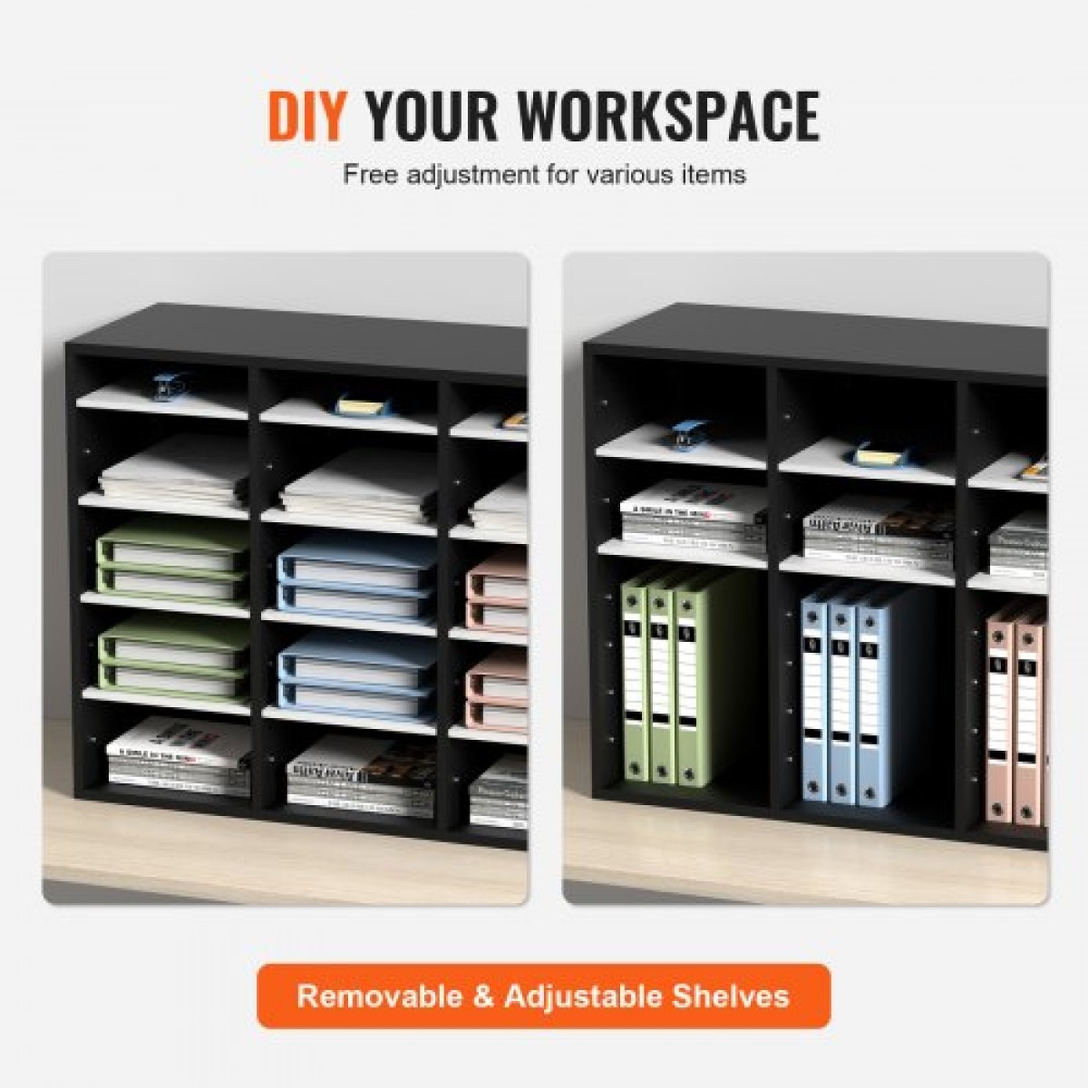 VEVOR 27 Compartments Wood Literature Organizer, Ρυθμιζόμενα ράφια, Κέντρο αλληλογραφίας από ινοσανίδες μεσαίας πυκνότητας, Office Home School Storage για αρχεία, έγγραφα, χαρτιά, περιοδικά, μαύρο+λευκό