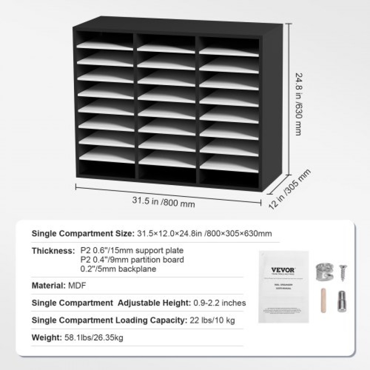 VEVOR 27 Compartments Wood Literature Organizer, Ρυθμιζόμενα ράφια, Κέντρο αλληλογραφίας από ινοσανίδες μεσαίας πυκνότητας, Office Home School Storage για αρχεία, έγγραφα, χαρτιά, περιοδικά, μαύρο+λευκό