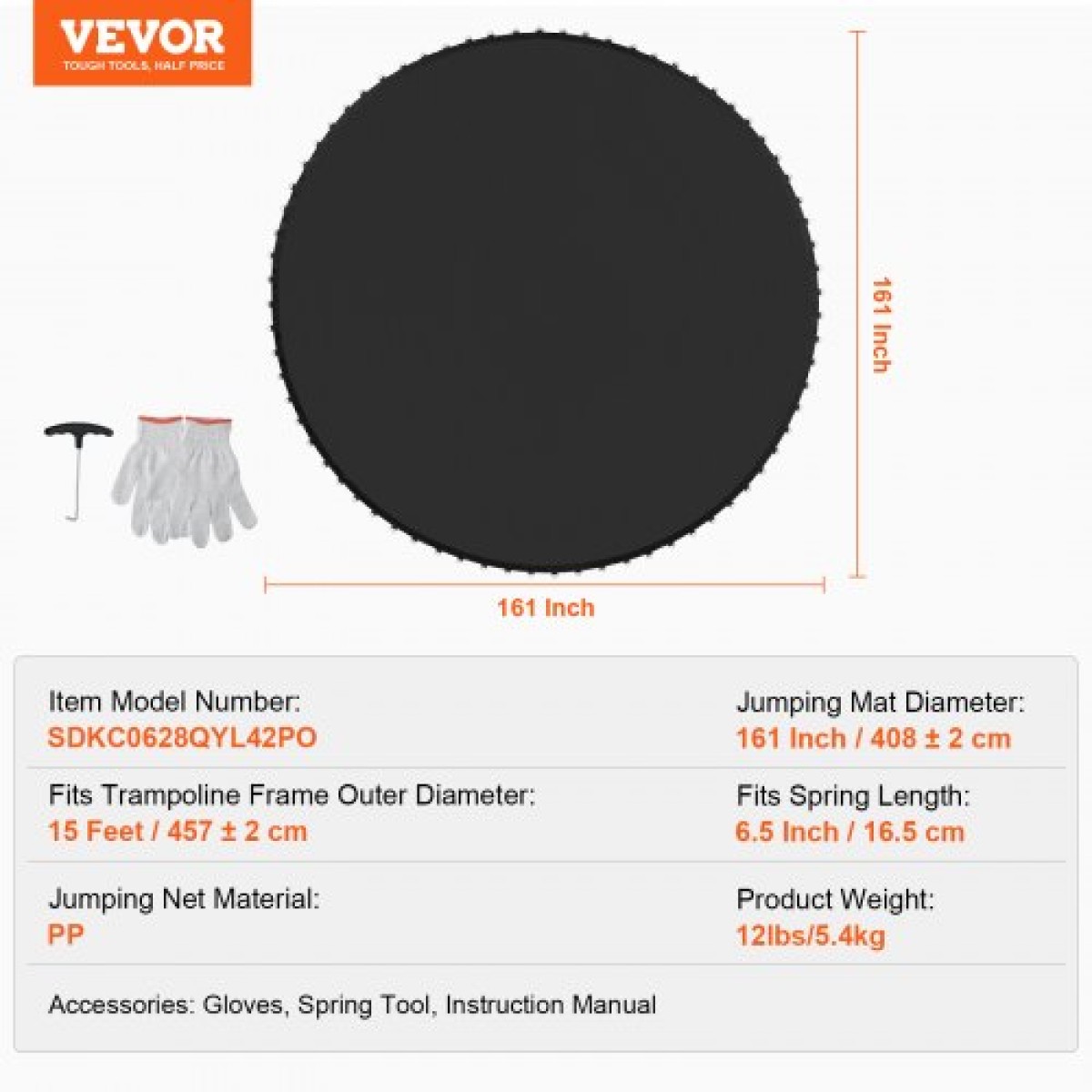 Ανταλλακτικό πατάκι τραμπολίνου VEVOR, Jumping Mat ταιριάζει σε πλαίσιο 15 ποδιών, Universal Jumping Mat για στρογγυλό τραμπολίνο 15 ποδών, Ενίσχυση ανθεκτικό στην υπεριώδη ακτινοβολία χαλάκι με ελατήριο & ανθεκτικοί δακτύλιοι V, προσαρμογή σε μήκος ε