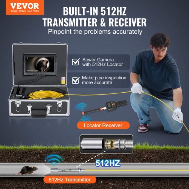 VEVOR Sewer Camera με 512Hz Locator, 165 ft/50 m, Drain Inspection Camera 9" με αυτοεπιπεδούμενη, 36X Zoom, Υδραυλική κάμερα με φώτα-12 LED, κάρτα 32GB, IP68 Waterproof Snake Camera for Duct Pipe